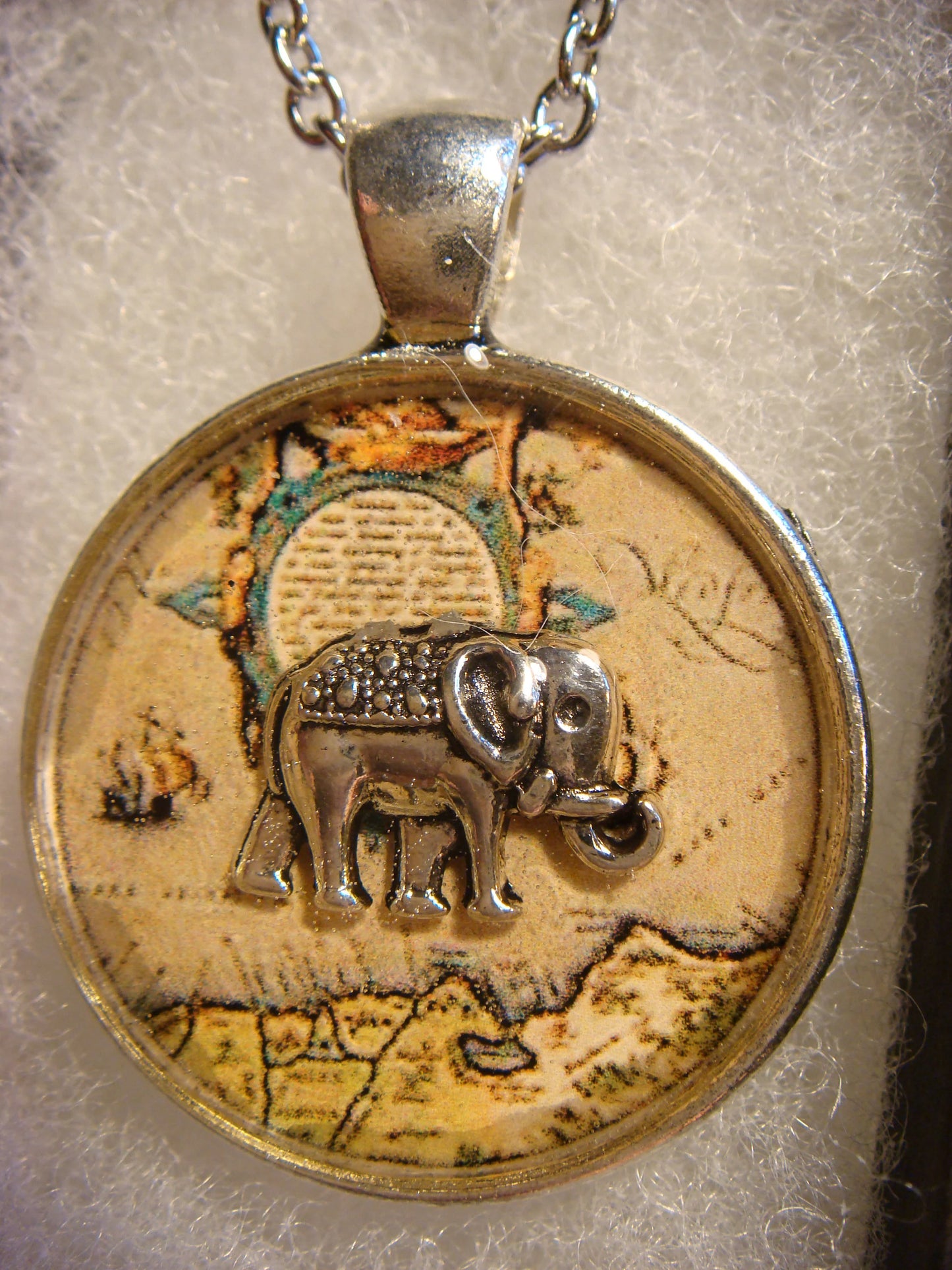 Elephant over Map Pendant Necklace
