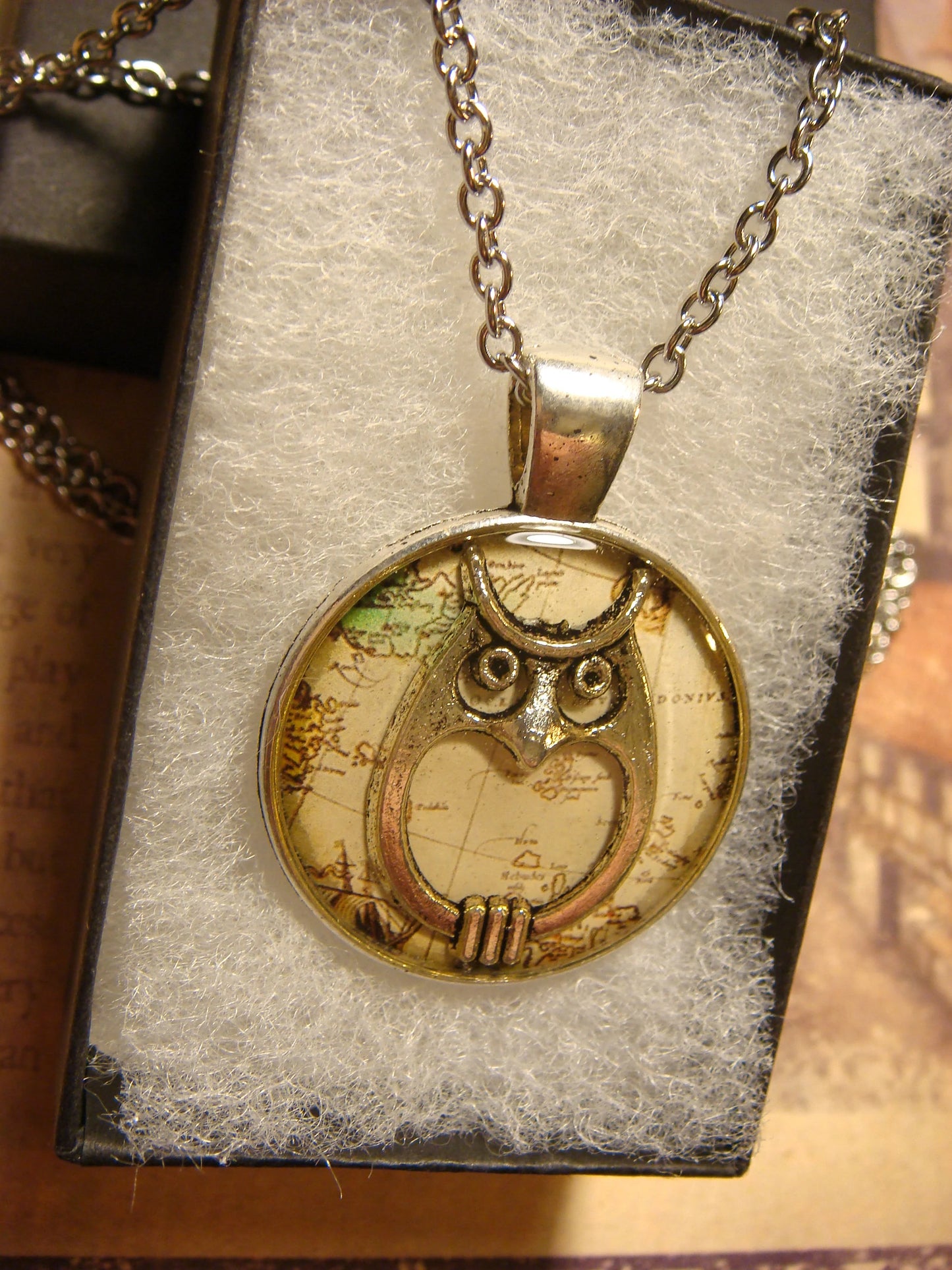 Owl over Map Pendant Necklace