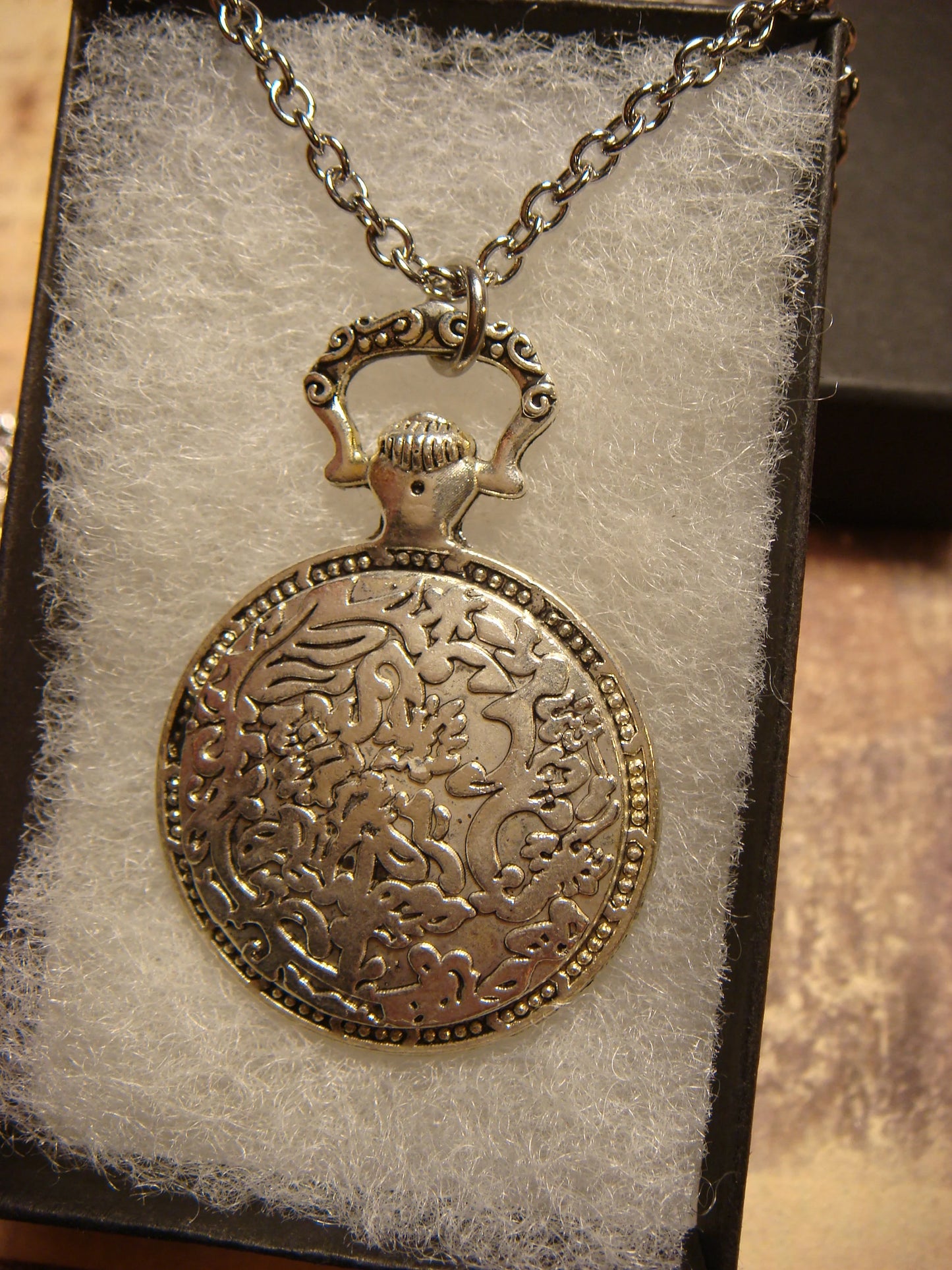 Winged Heart Lock over Victorian Clock Pocket Watch Pendant Necklace