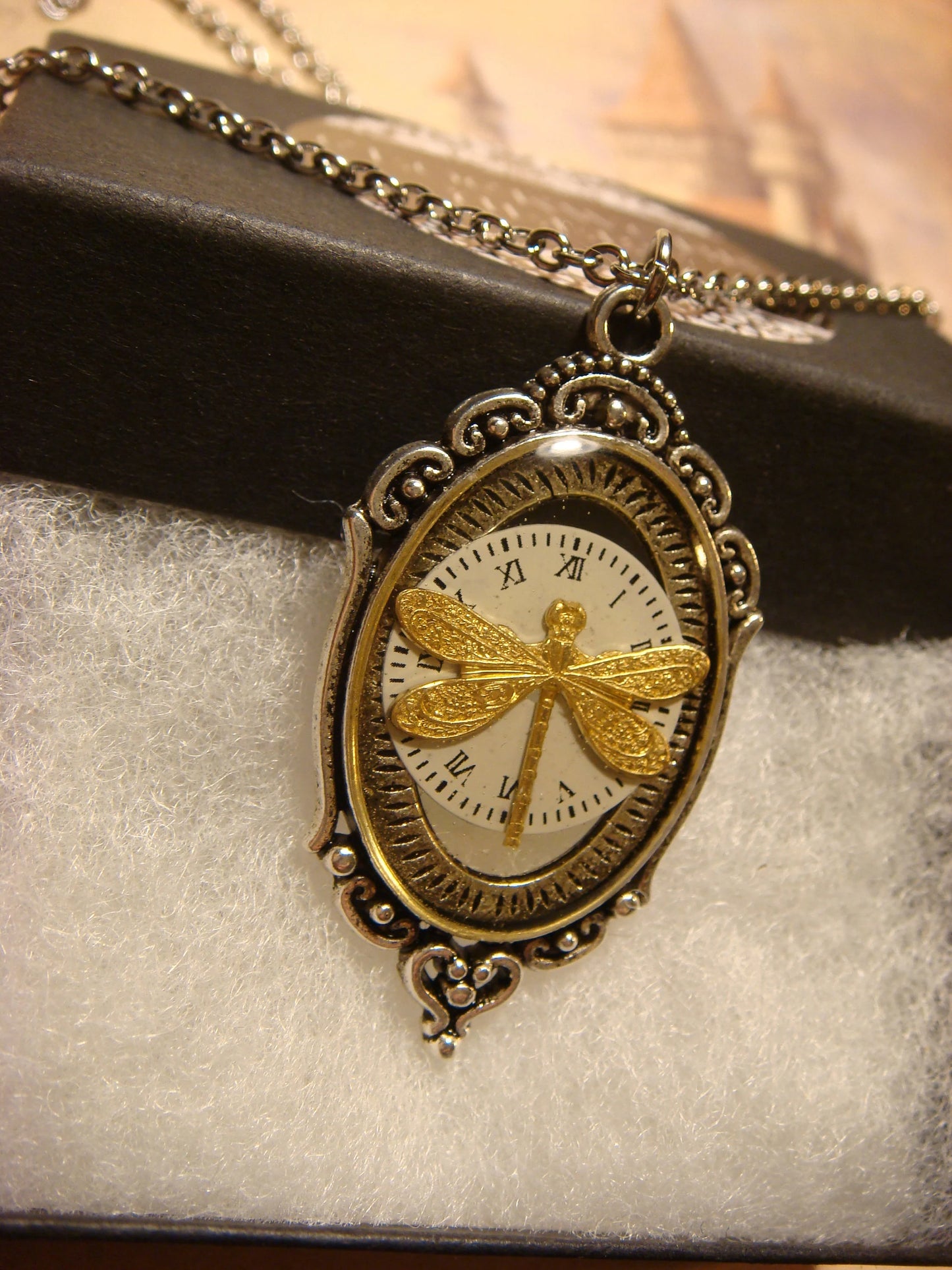 Dragonfly with Watch Face in See-thru Ornate Necklace
