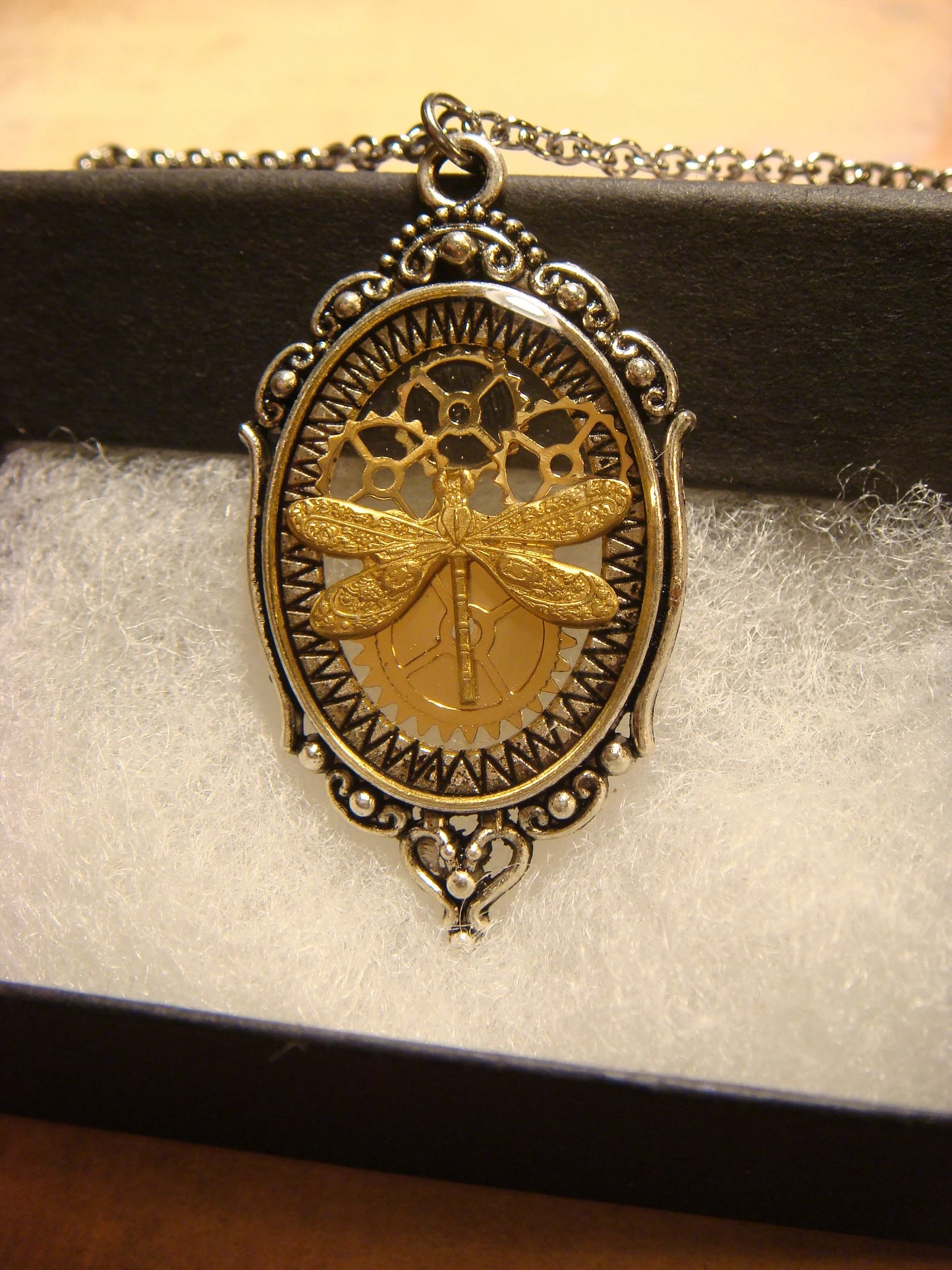 Dragonfly with Gears in See-thru Ornate Necklace