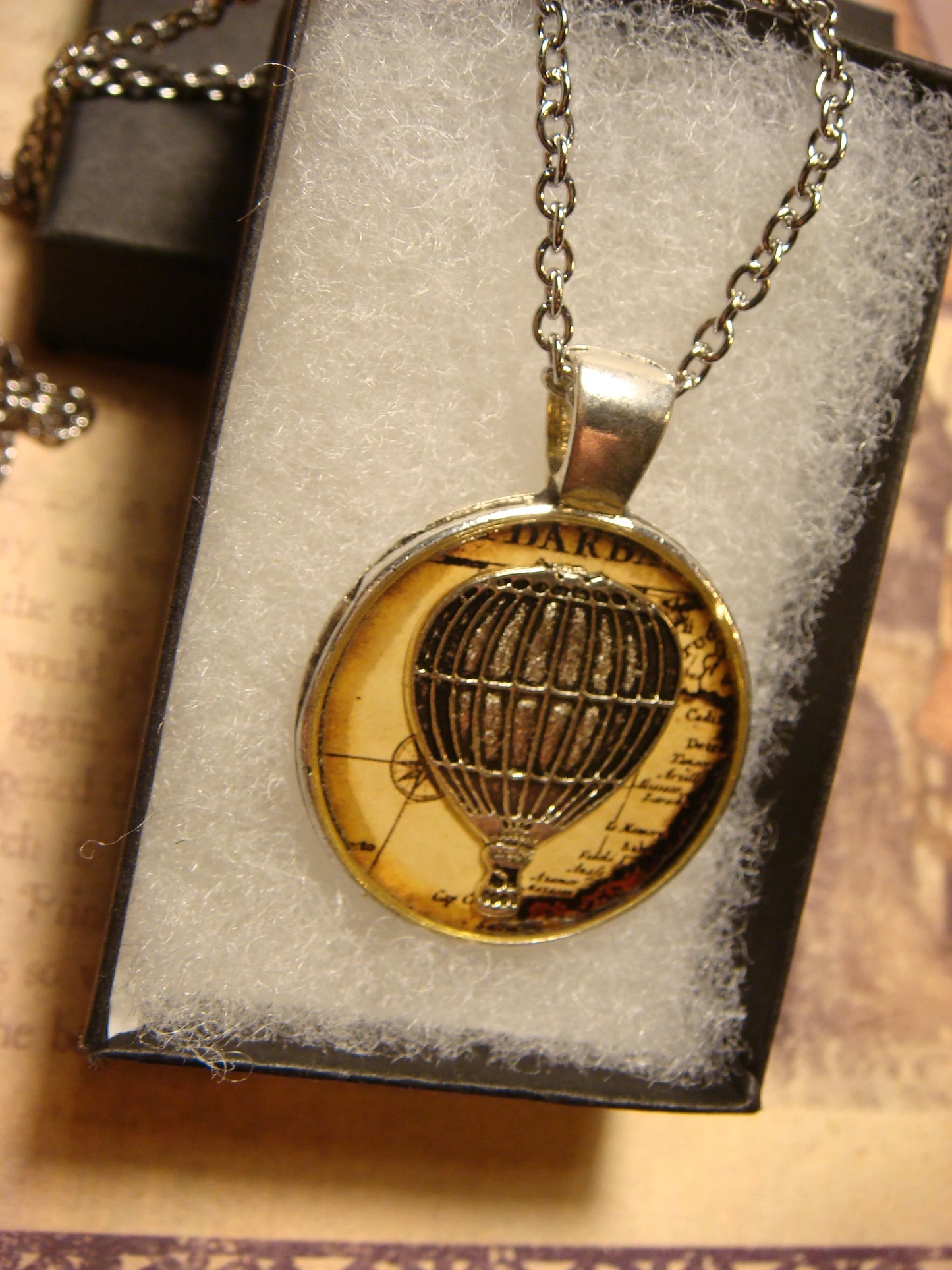 Hot Air Balloon over Map Pendant Necklace