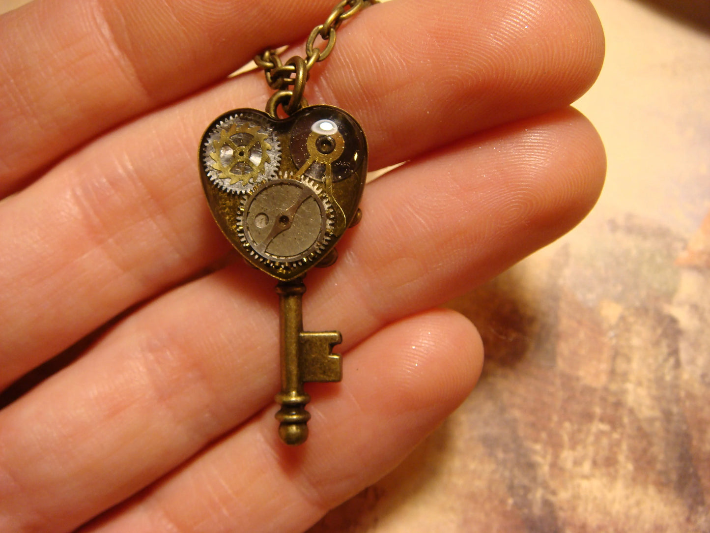 Clockwork Heart Key Necklace in Antique Bronze