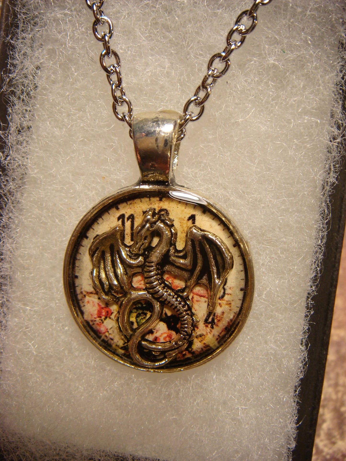 Dragon over Floral Clock Small Pendant Necklace