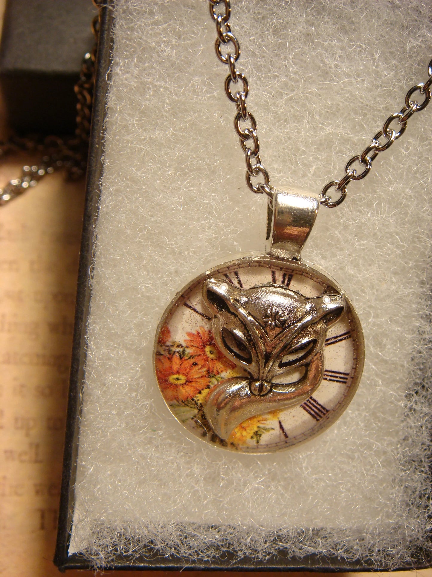 Fox over Floral Clock Small Pendant Necklace