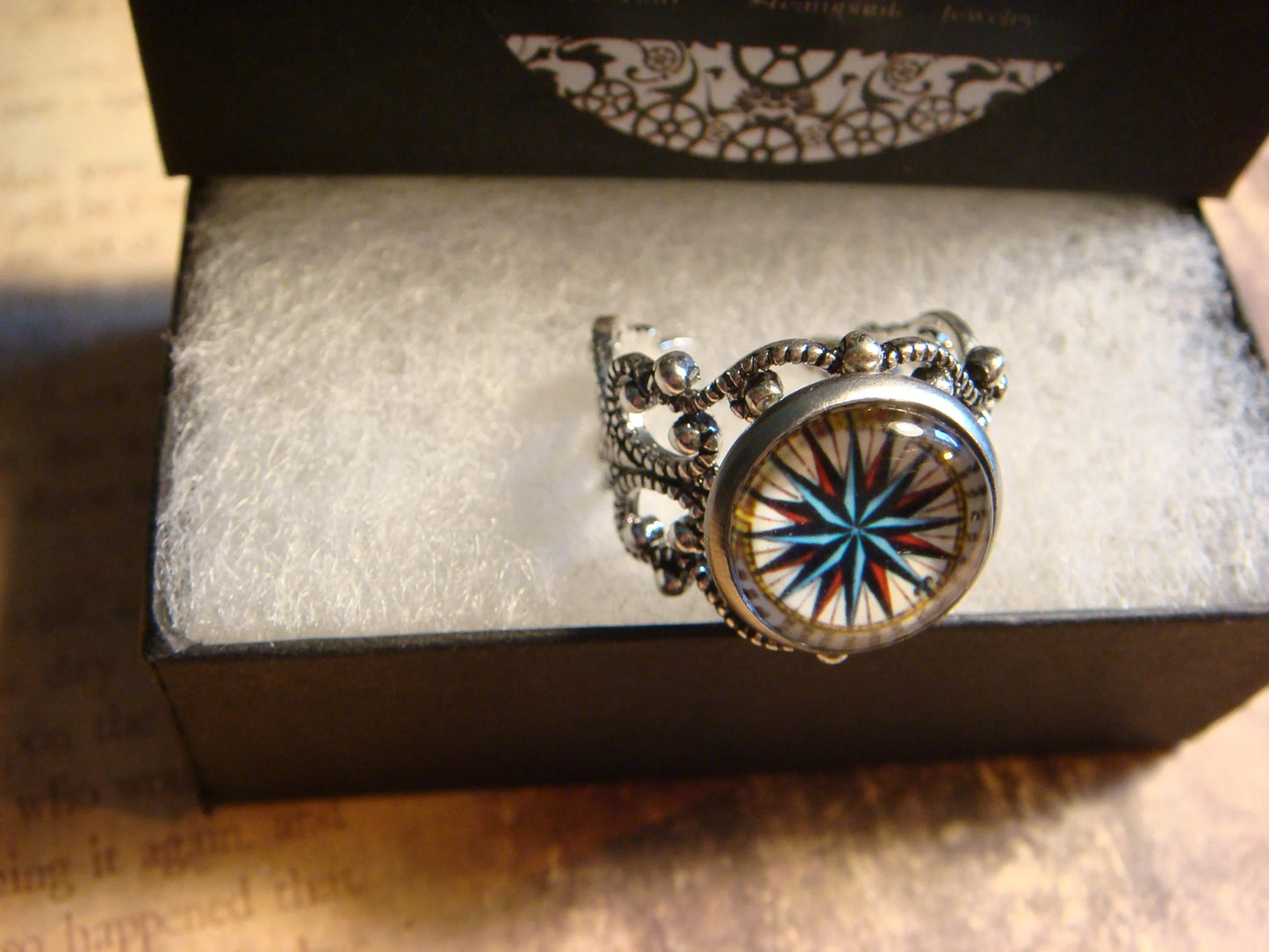Compass Star Image Filigree Ring in Antique Silver - Adjustable
