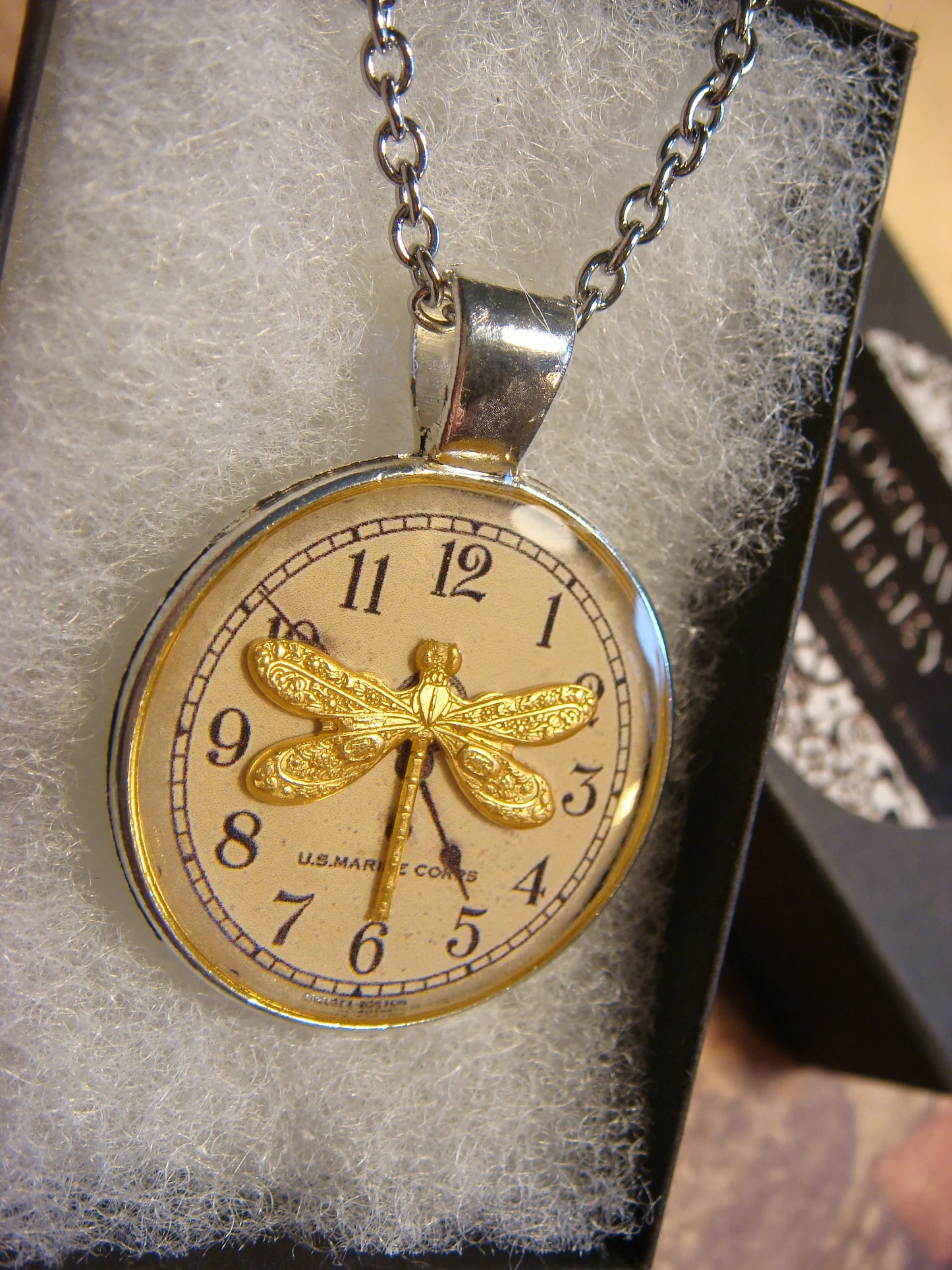 Dragonfly over Clock Pendant Necklace