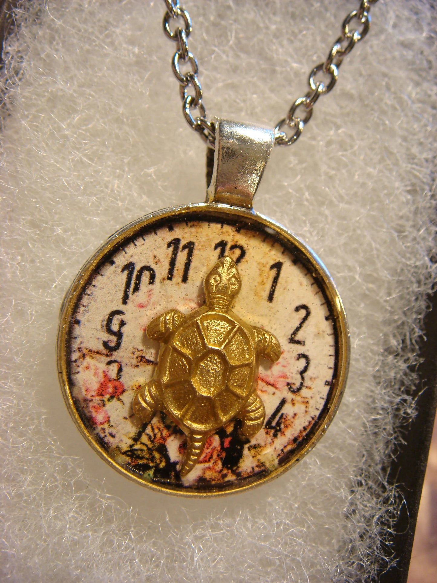 Turtle over Floral Clock Small Pendant Necklace