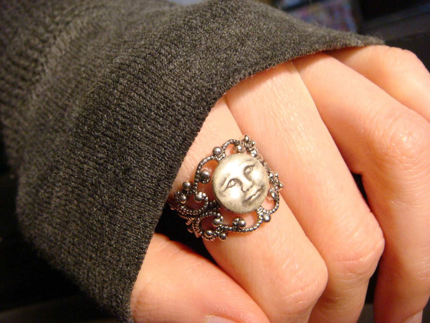 Moon Face Filigree Ring in Antique Silver - Adjustable