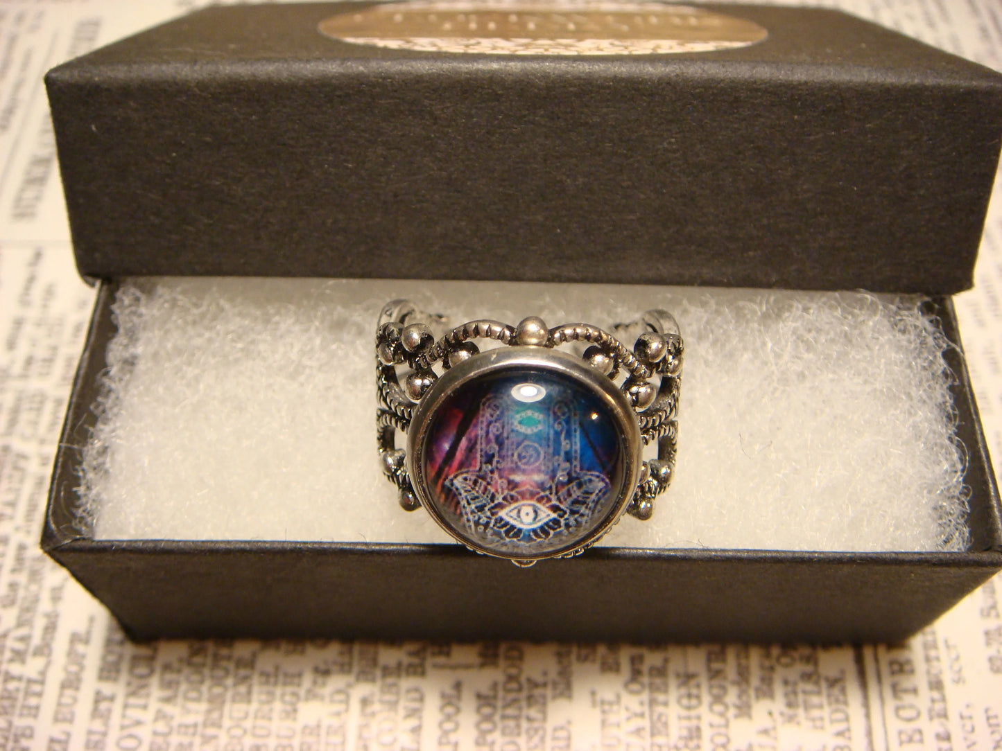 Colorful Hamsa Image Filigree Ring in Antique Silver - Adjustable