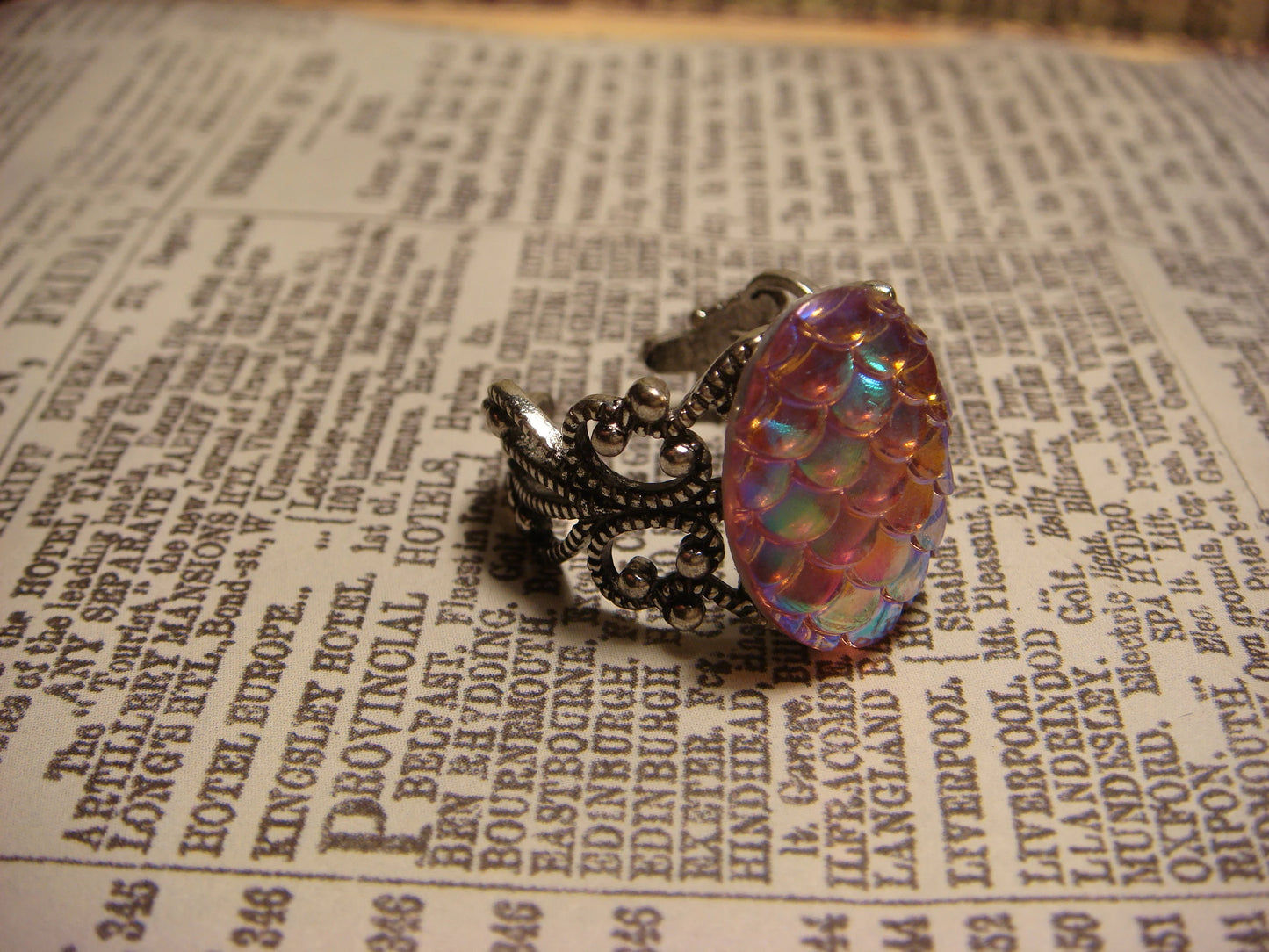 Iridescent Pink Scales Filigree Ring in Antique Silver - Adjustable