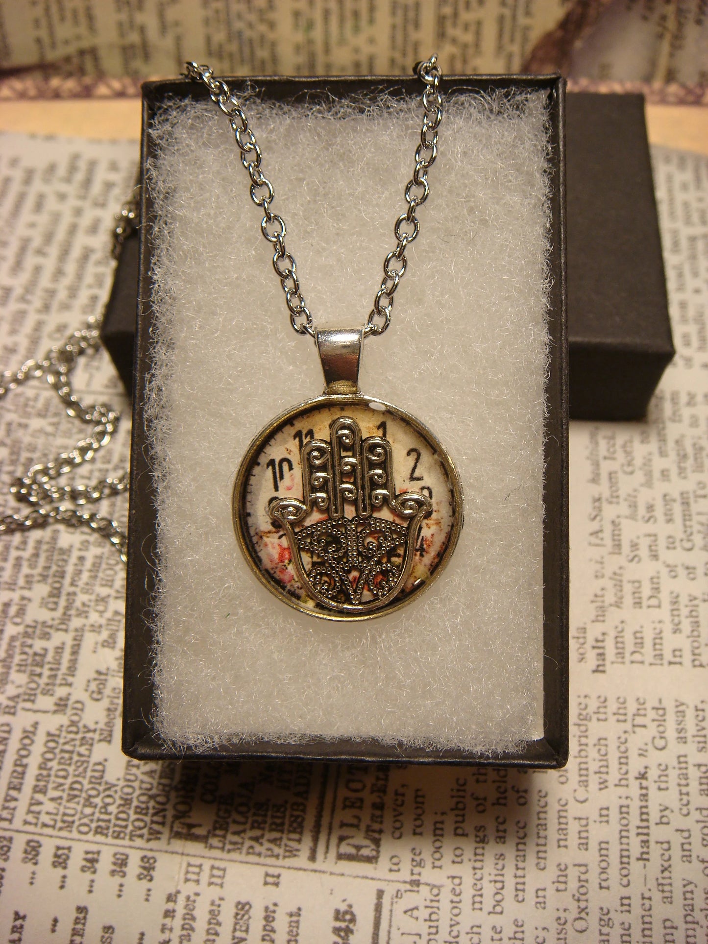 Hamsa over Floral Clock Small Pendant Necklace