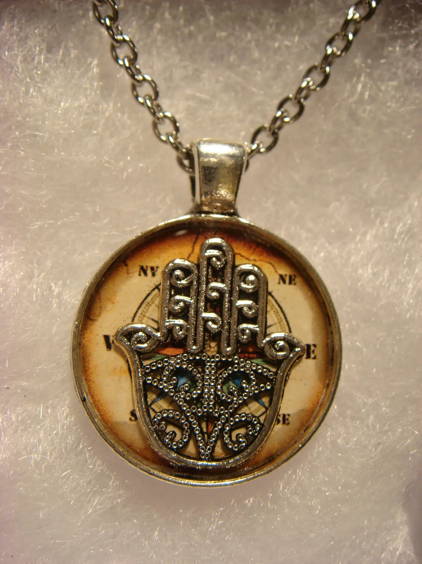 Hamsa over Compass Small Pendant Necklace