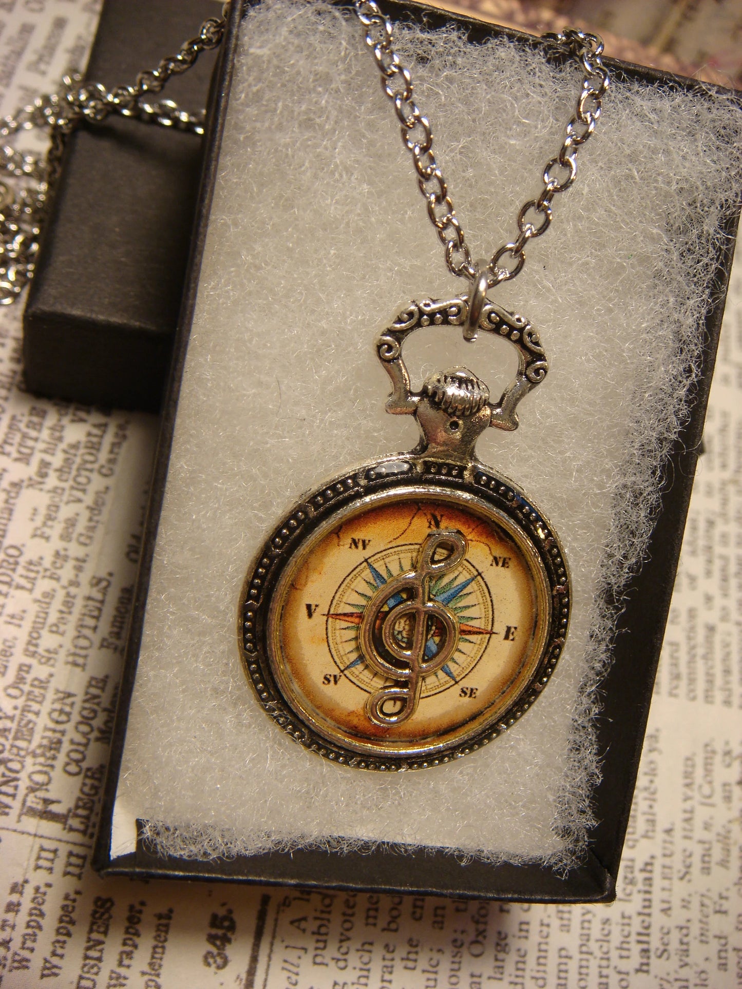 Treble Clef over Compass Rose Pocket Watch Pendant Necklace