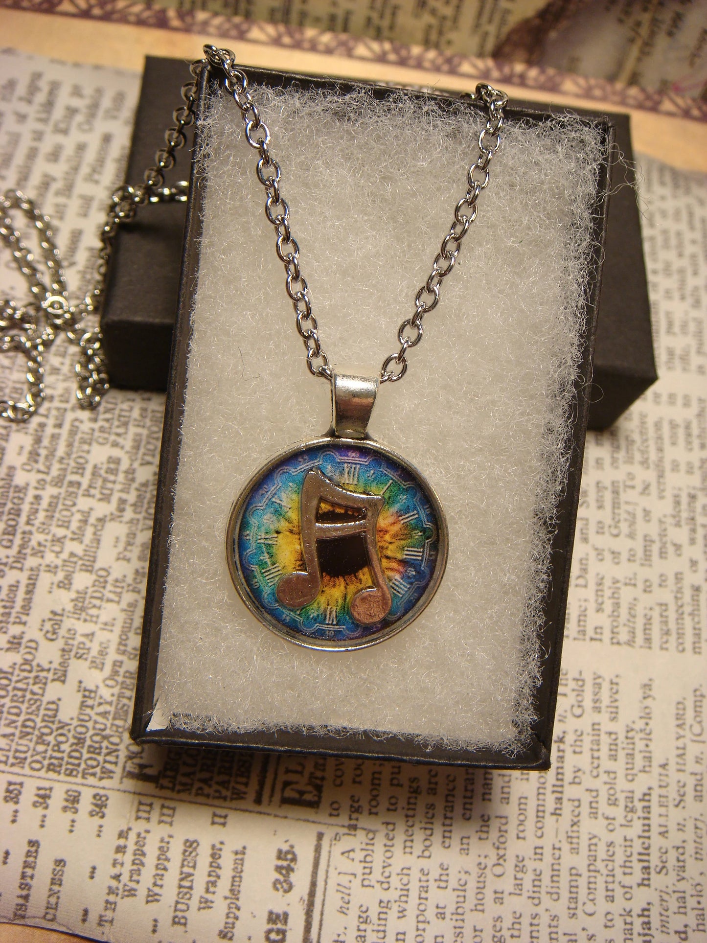 Notes over Colorful Clock Small Pendant Necklace