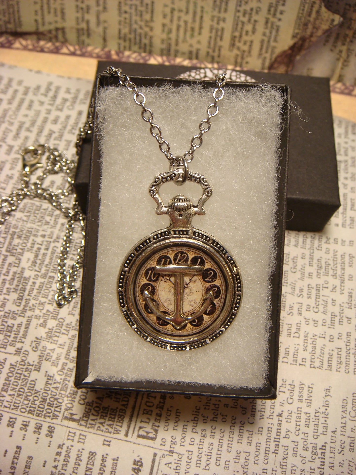 Anchor over Clock Pocket Watch Pendant Necklace