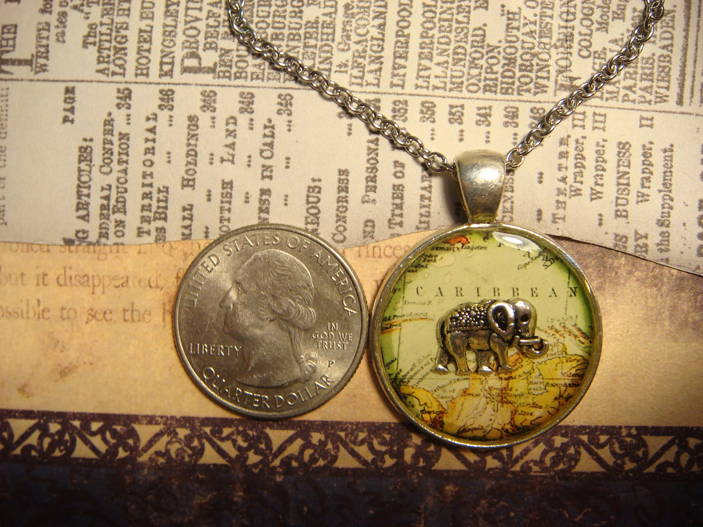 Elephant over Map Pendant Necklace