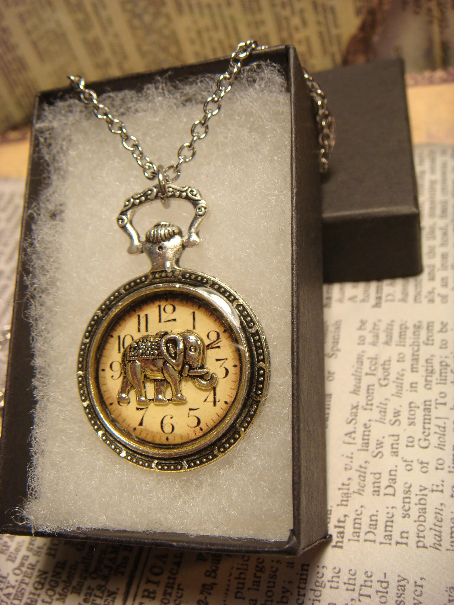 Elephant over Clock Pocket Watch Pendant Necklace