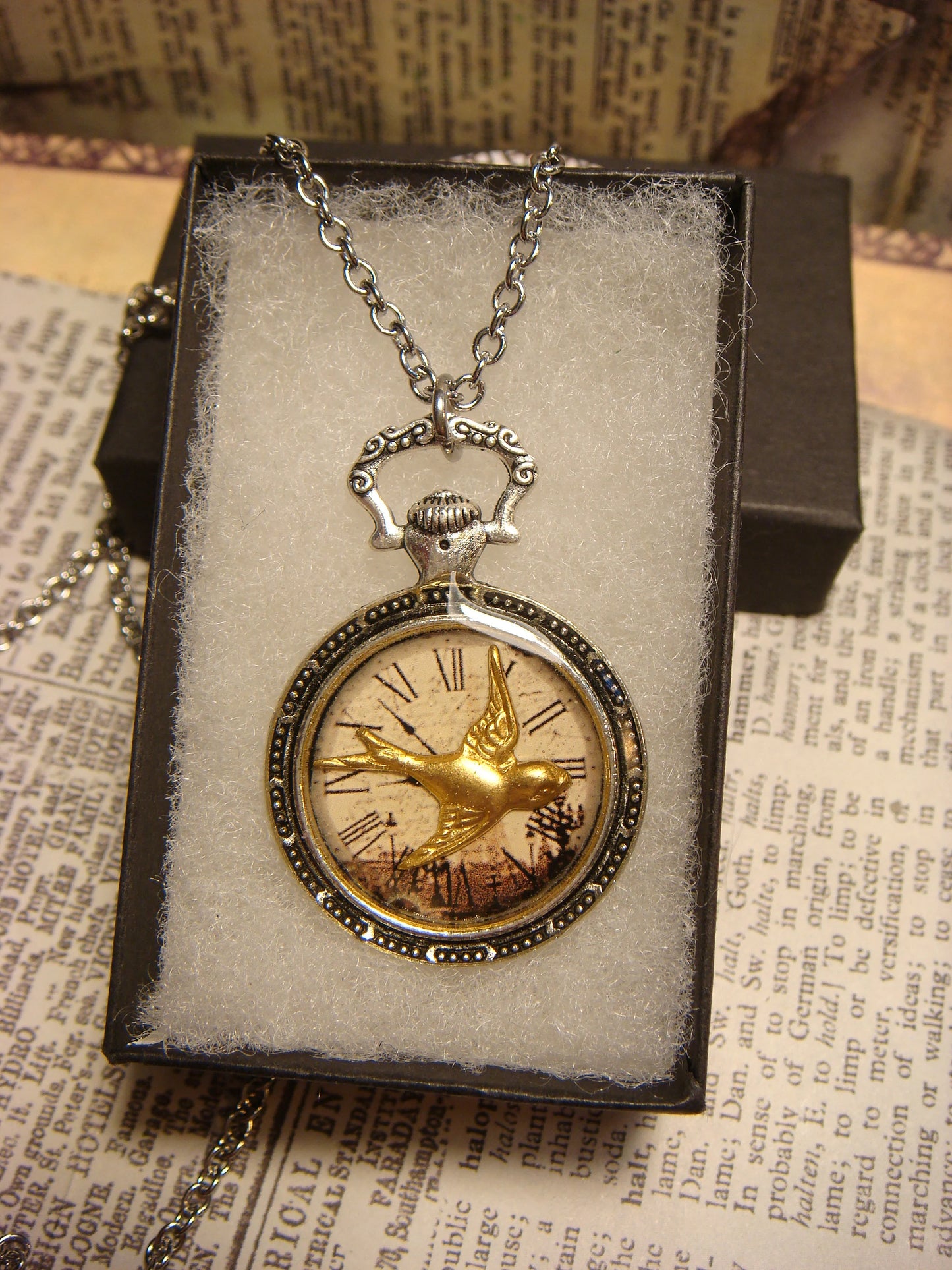 Sparrow over Victorian Clock Pocket Watch Pendant Necklace