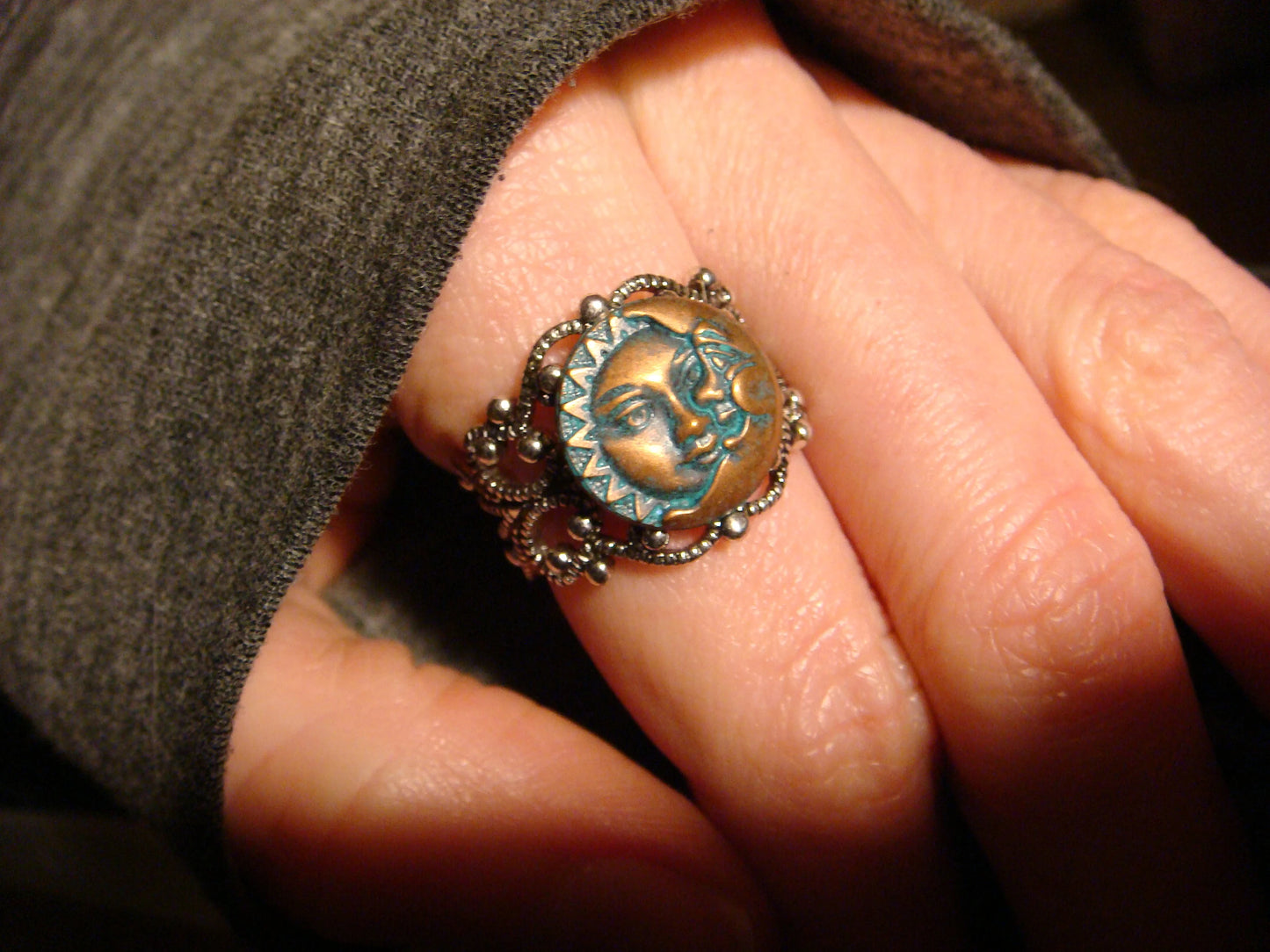 Patina Sun and Moon Filigree Ring in Antique Silver - Adjustable