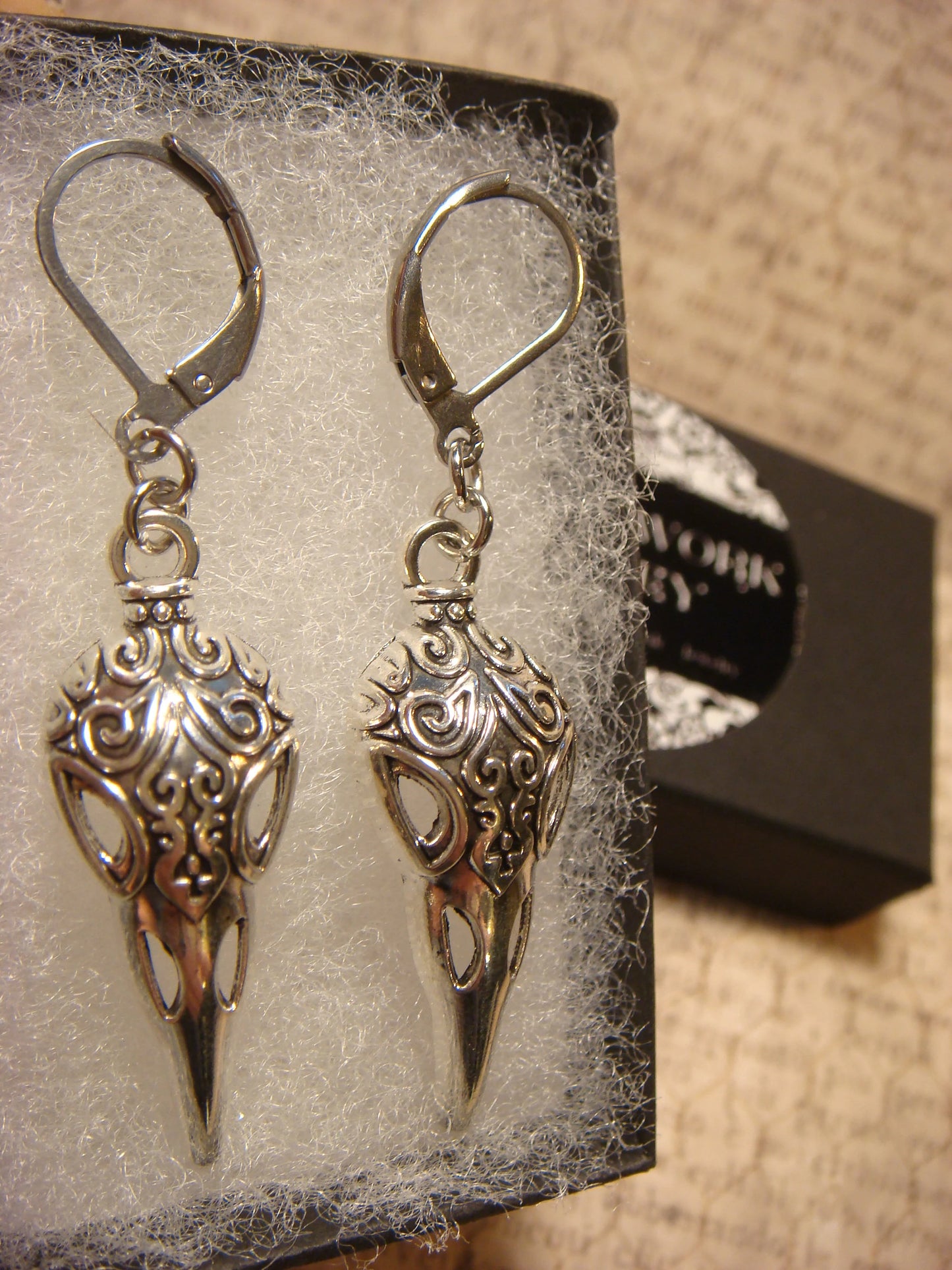 Raven Bird Skull Dangle Earrings in Antique Silver