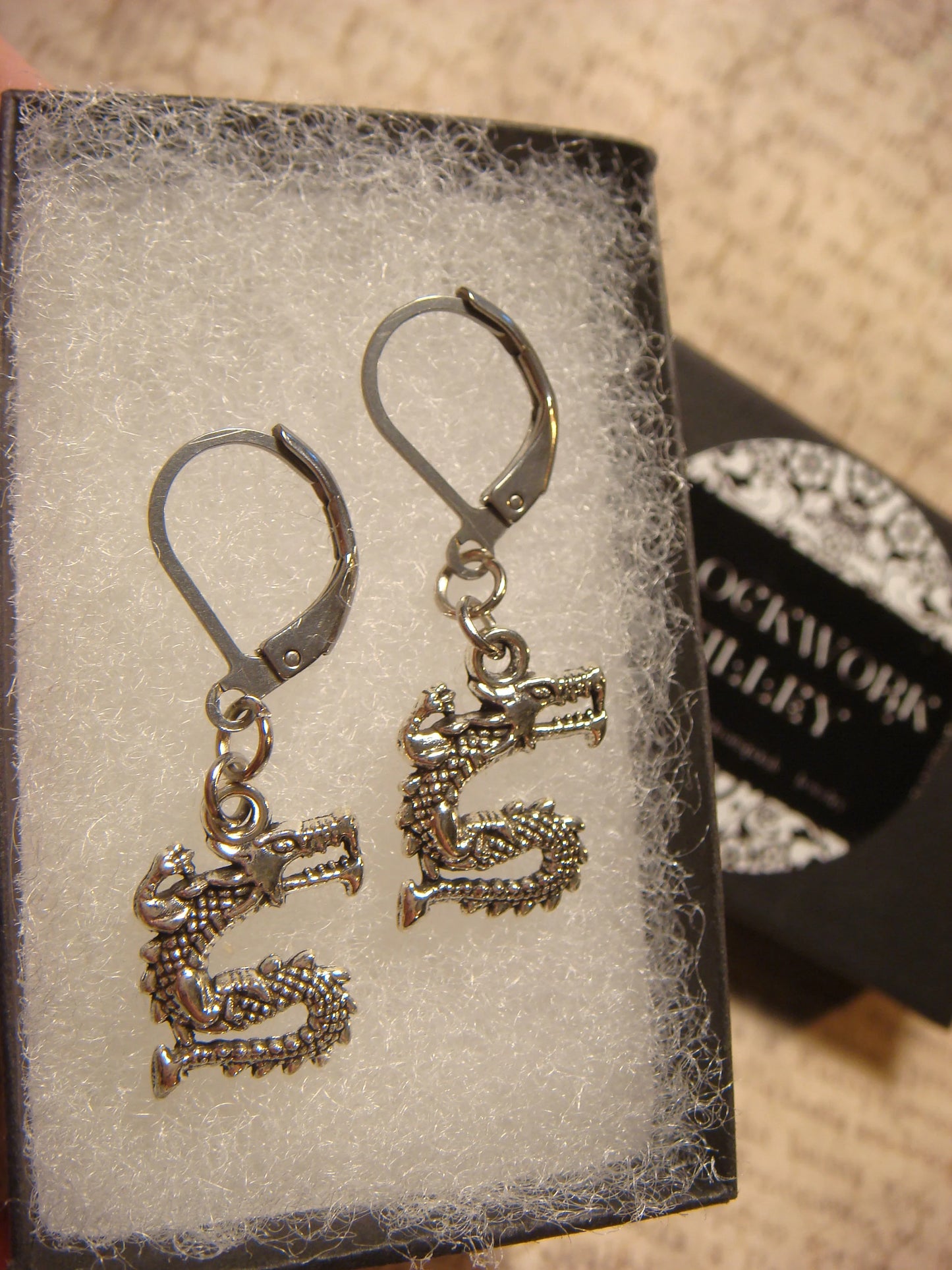 Dragon Dangle Earrings in Antique Silver
