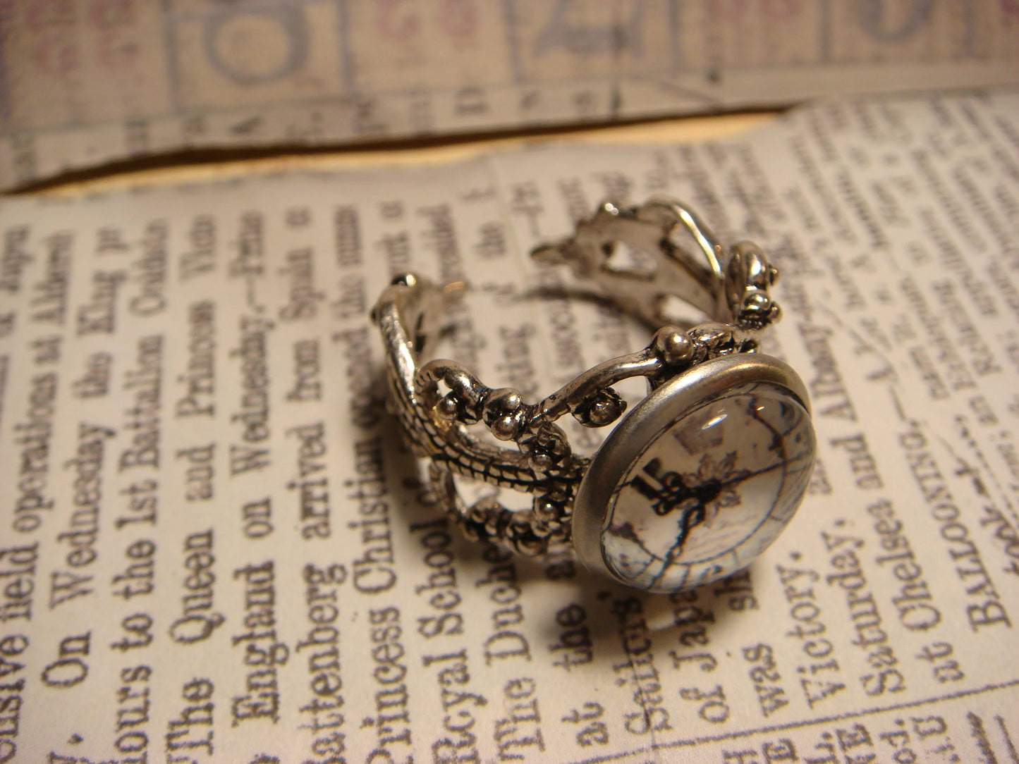 Clock Image Filigree Ring in Antique Silver - Adjustable