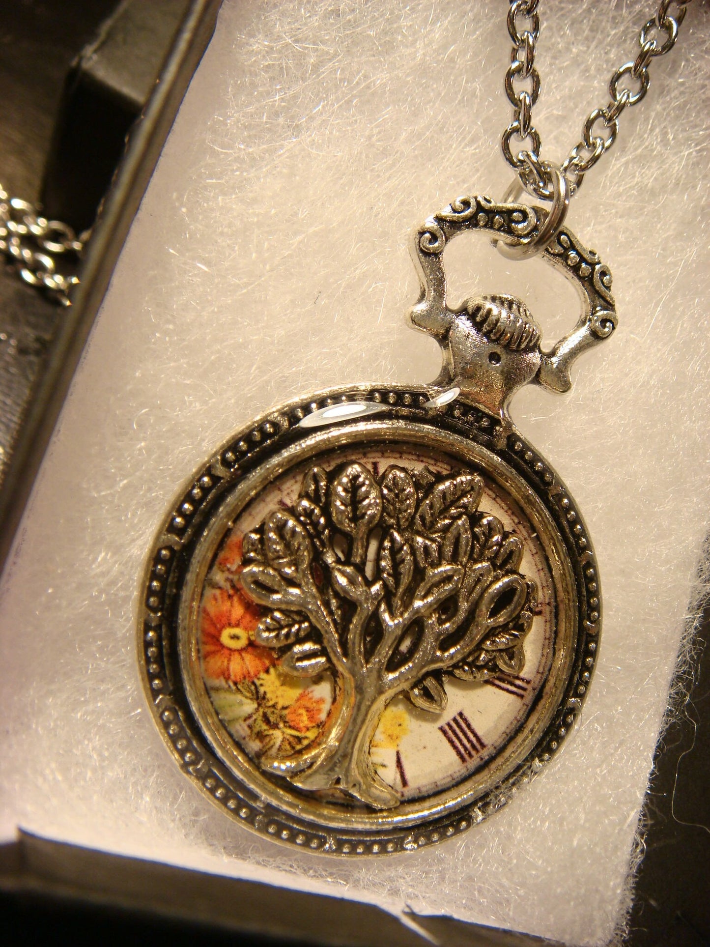 Tree of Life over Floral Clock Pocket Watch Pendant Necklace