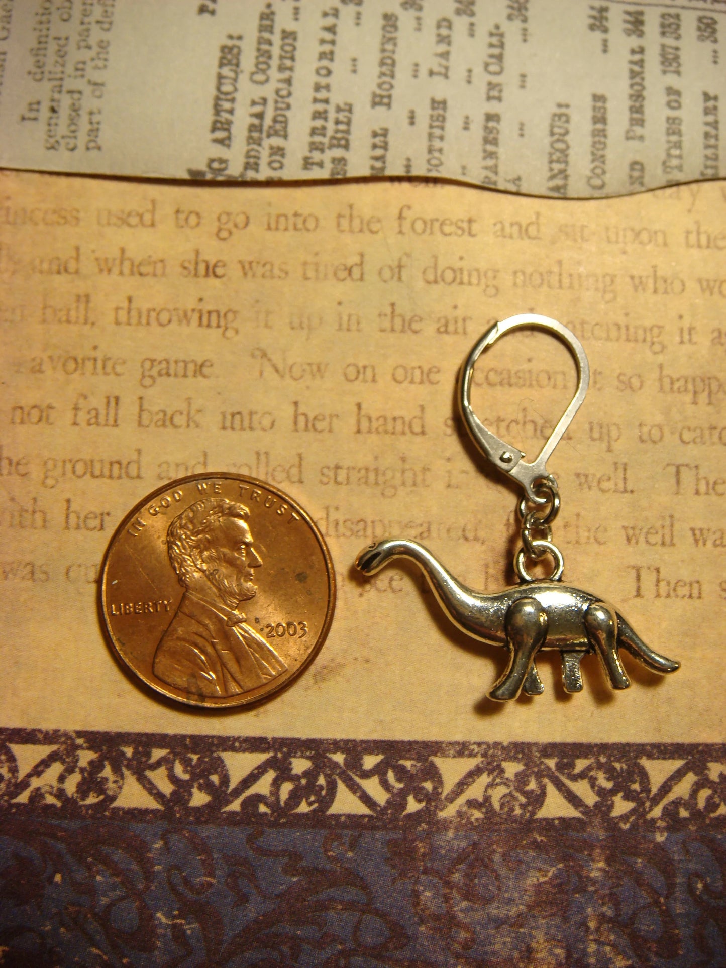 Dinosaur Bronto Dangle Earrings in Antique Silver