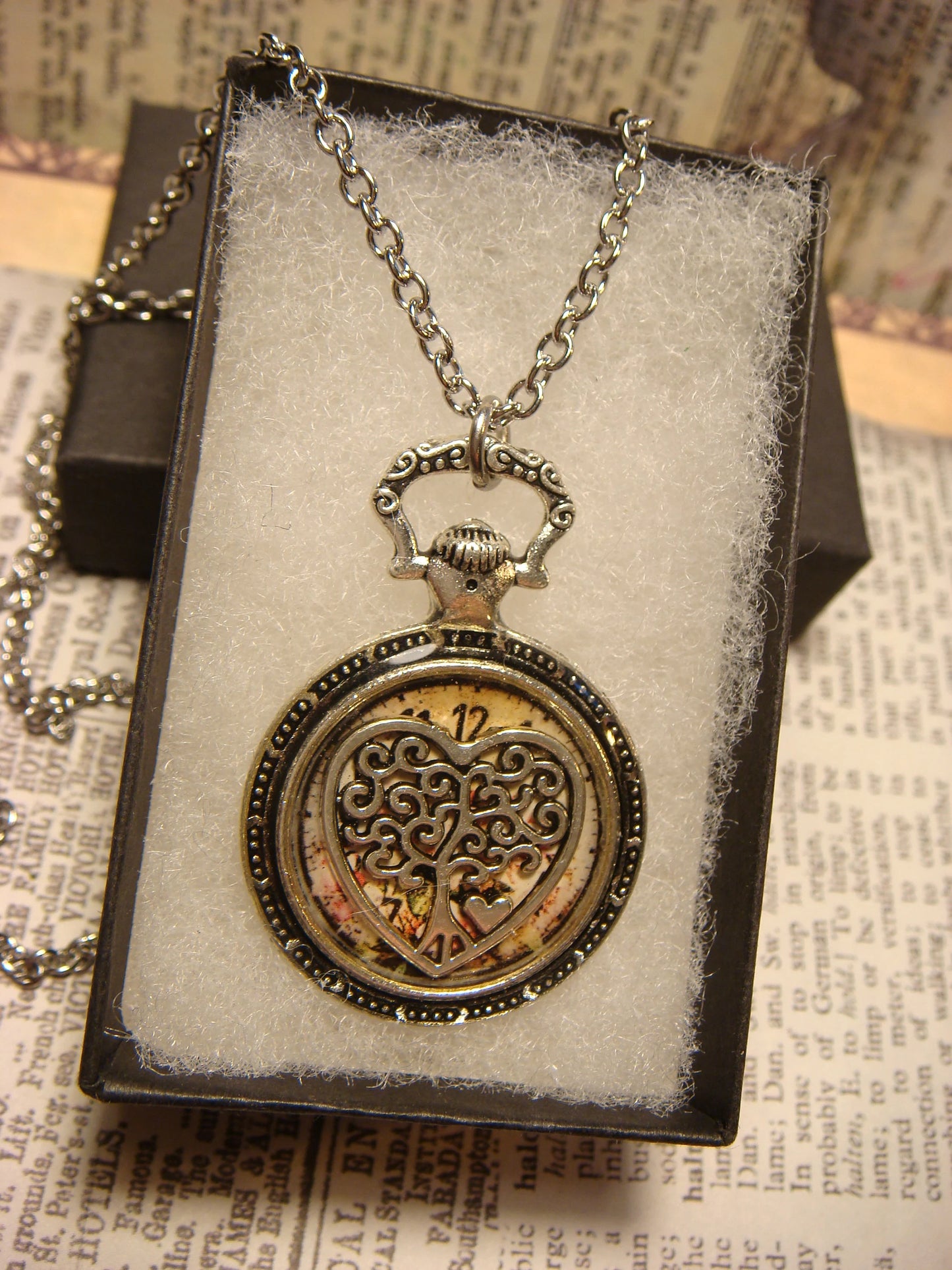 Tree Heart over Floral Clock Pocket Watch Pendant Necklace
