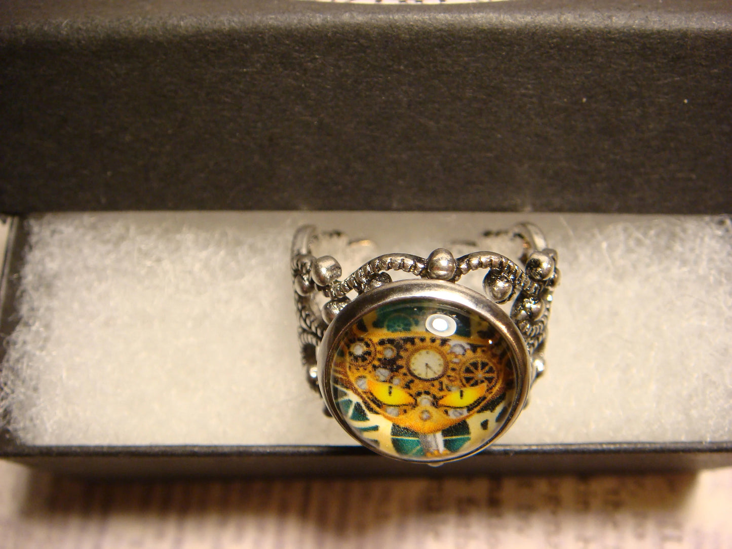 Steampunk Cat Image Filigree Ring in Antique Silver - Adjustable
