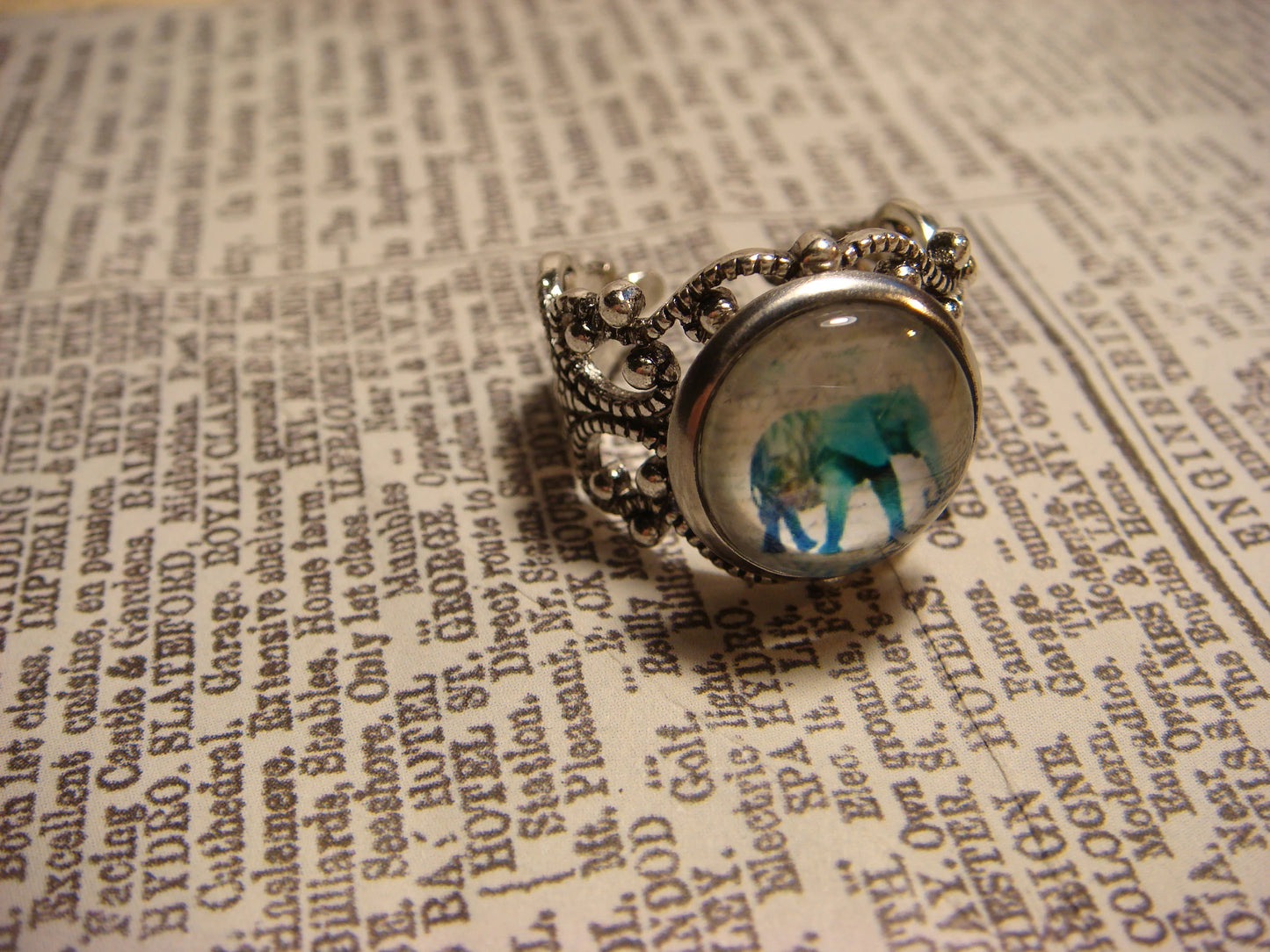 Elephant Image Filigree Ring in Antique Silver - Adjustable