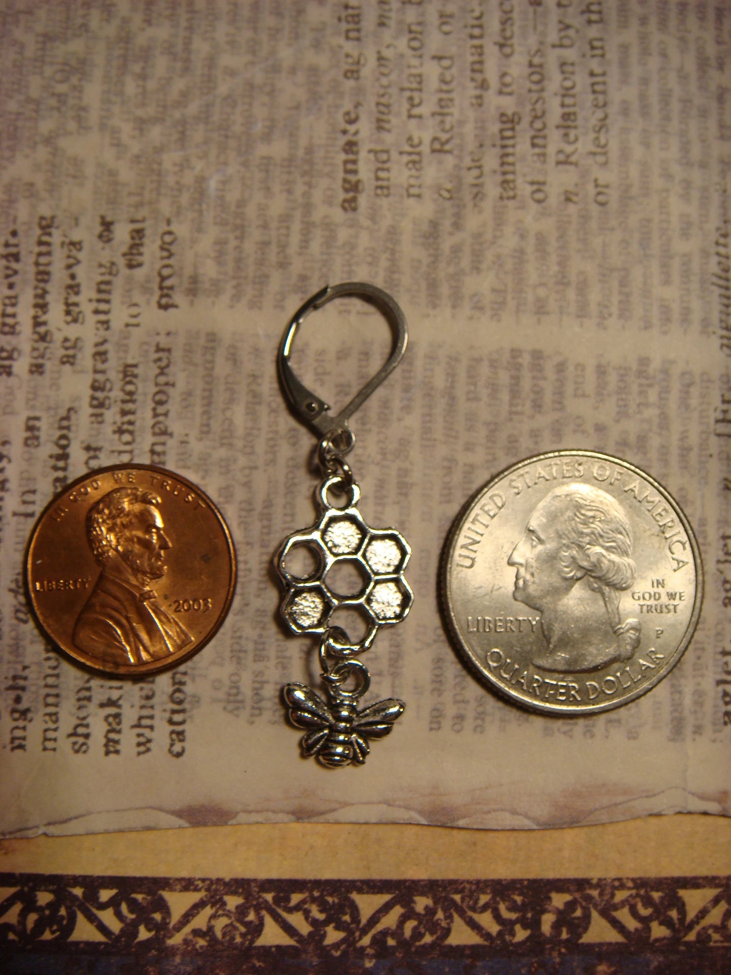 Honeycomb and Bee Dangle Earrings in Antique Silver