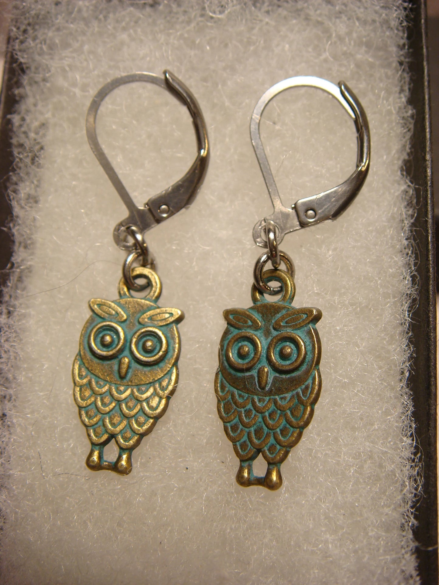 Patina Owl Dangle Earrings in Antique Bronze
