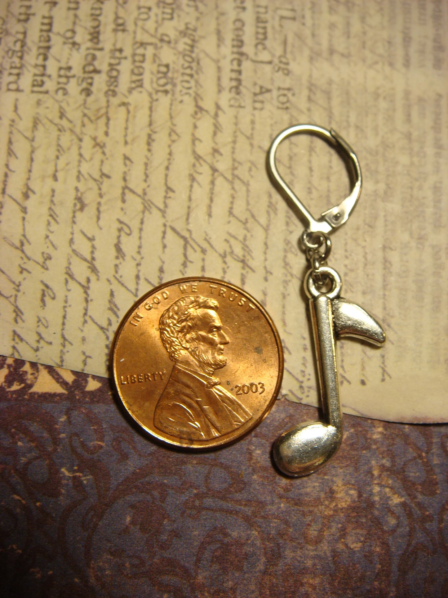 Music Note Dangle Earrings in Antique Silver