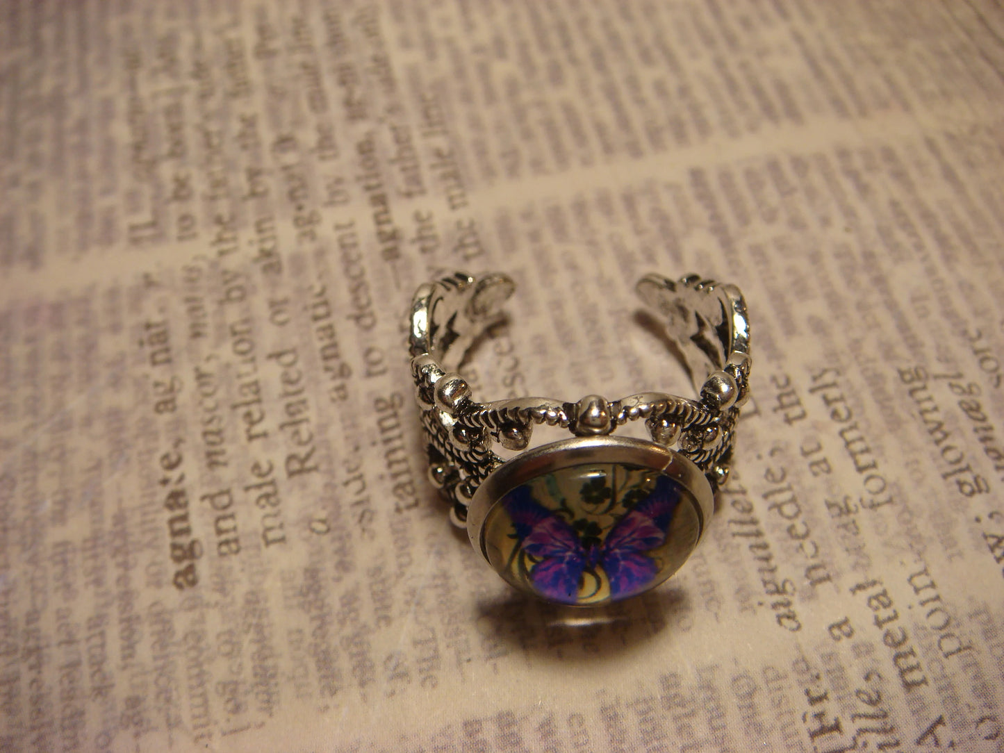 Purple Butterfly Image Filigree Ring in Antique Silver - Adjustable