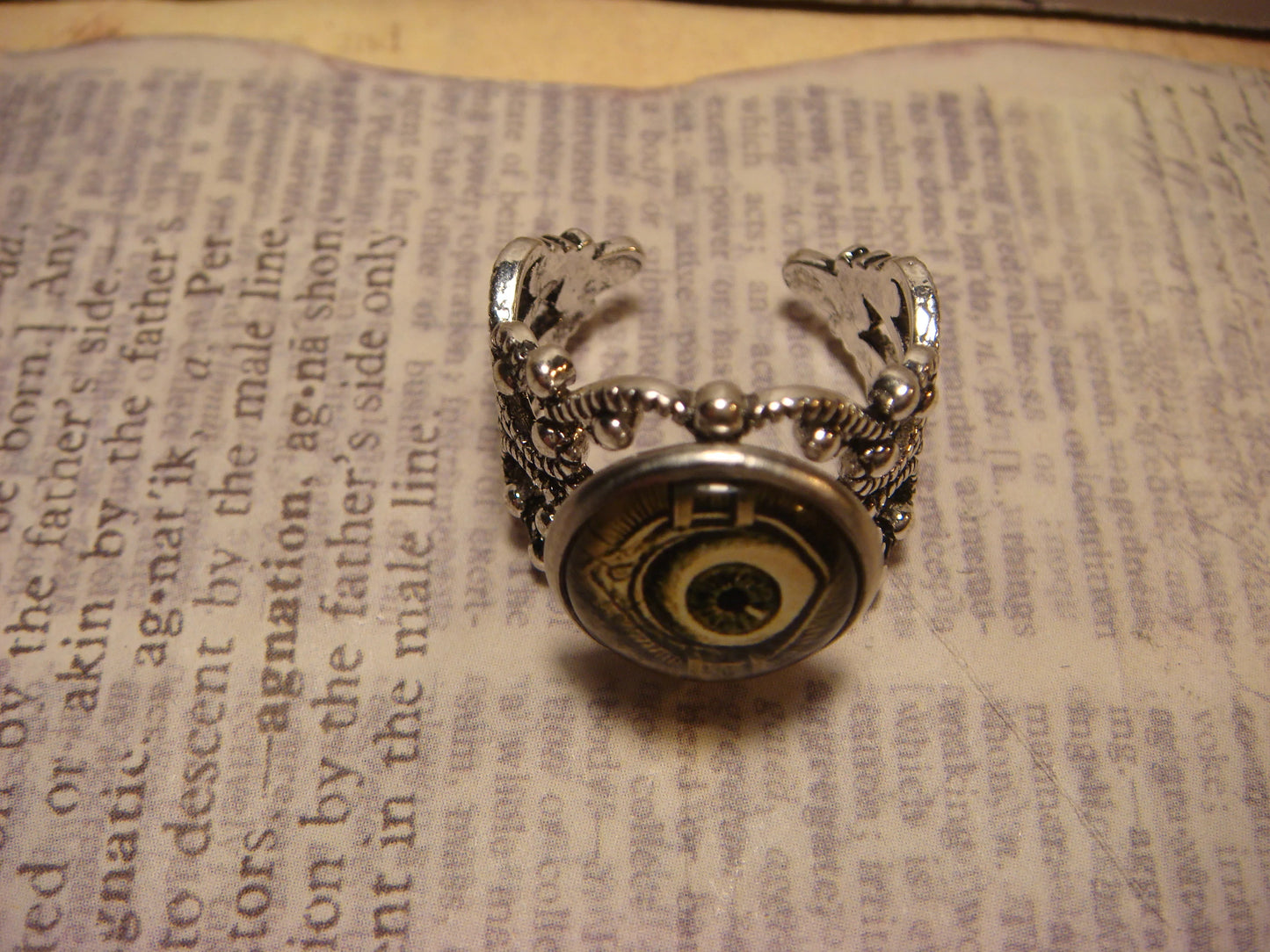 Eyeball Image Filigree Ring in Antique Silver - Adjustable
