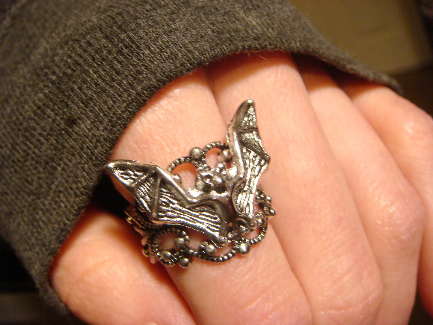 Bat Filigree Ring in Antique Silver - Adjustable