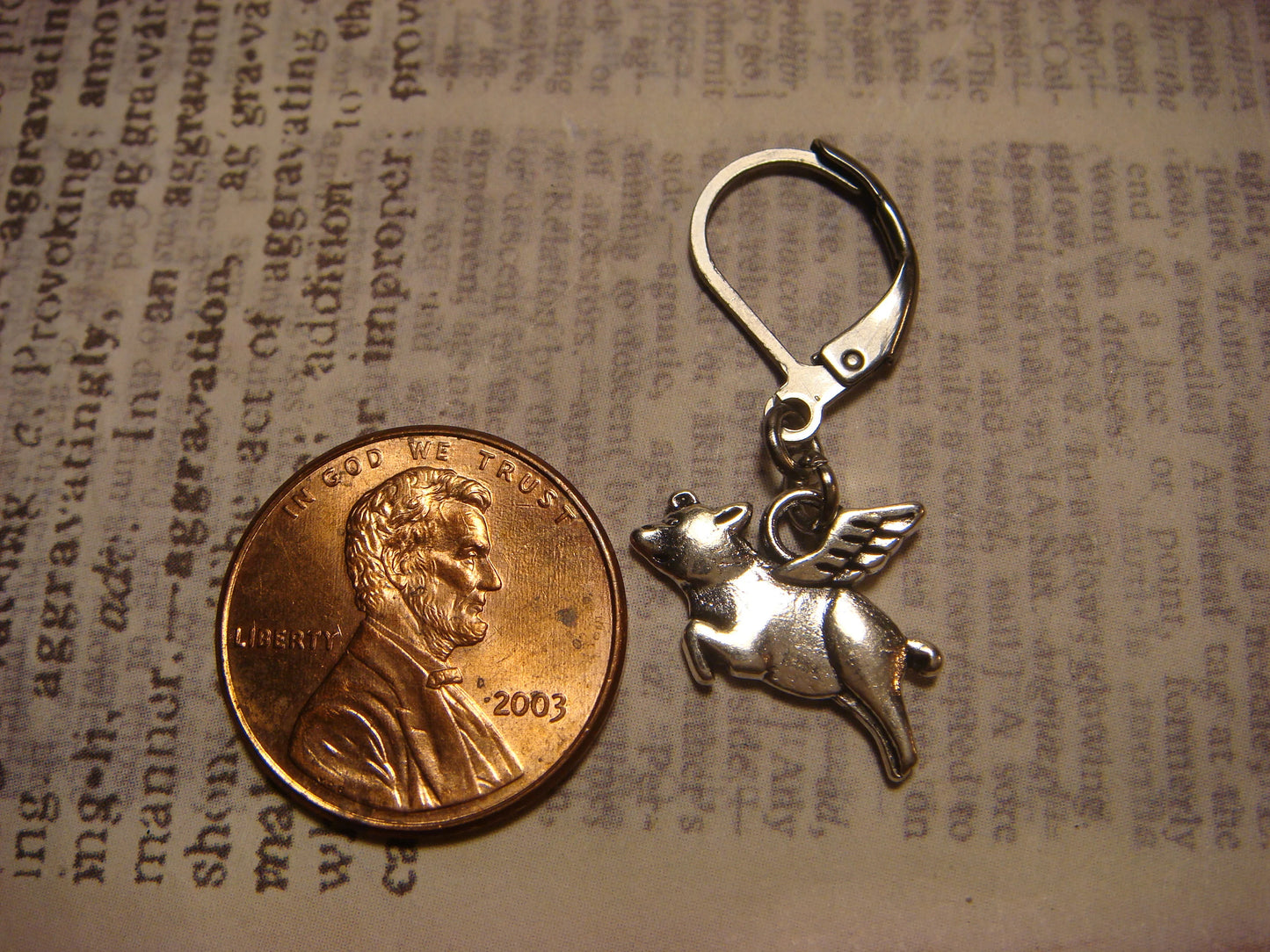 Flying Pig Dangle Earrings in Antique Silver