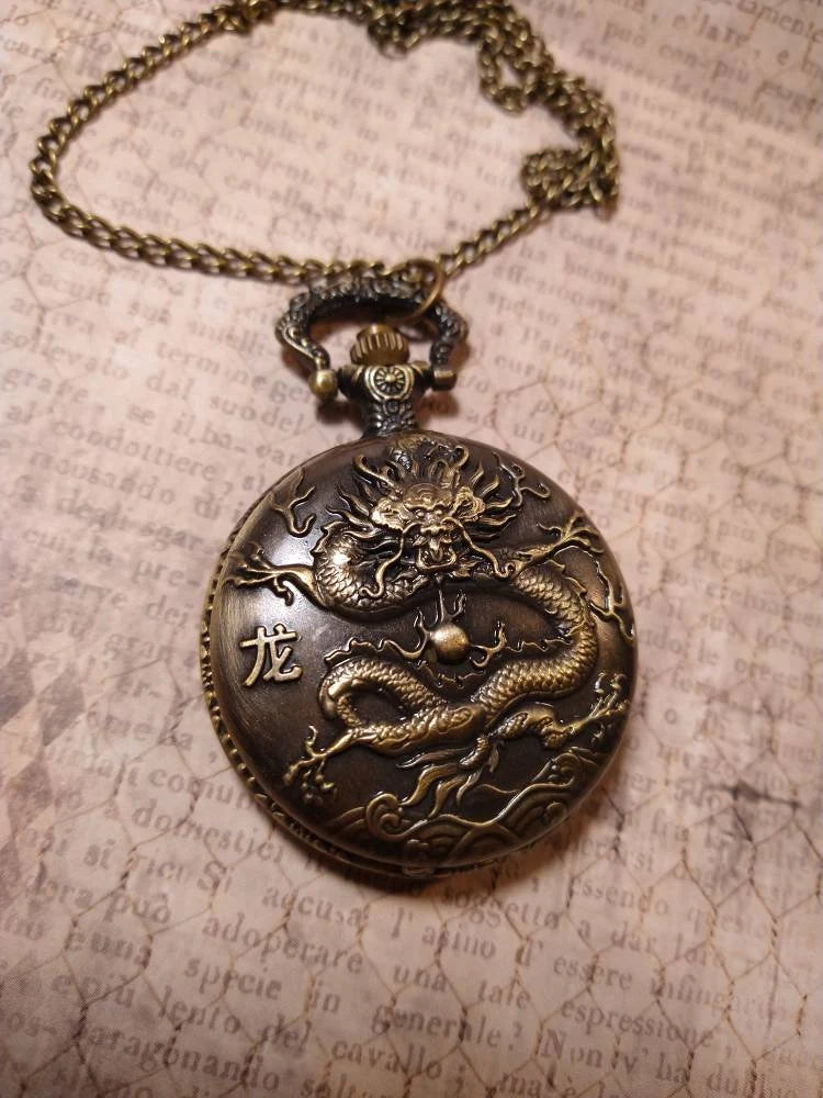 Working Chinese Dragon Pocket Watch Necklace in Antique Bronze