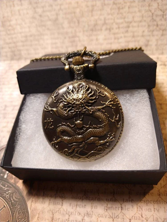 Working Chinese Dragon Pocket Watch Necklace in Antique Bronze