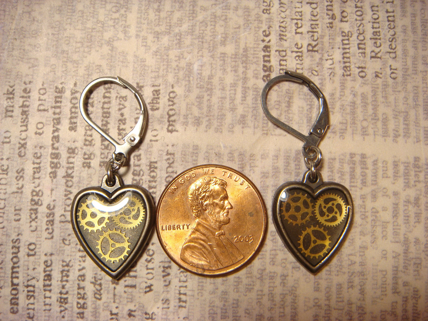 Heart Gears Dangle Earrings in Antique Bonze