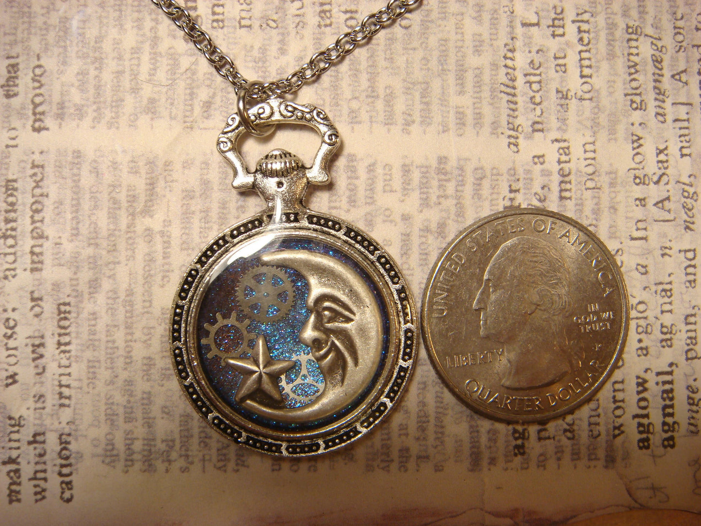 Moon Star and Gears Pocket Watch Pendant Necklace