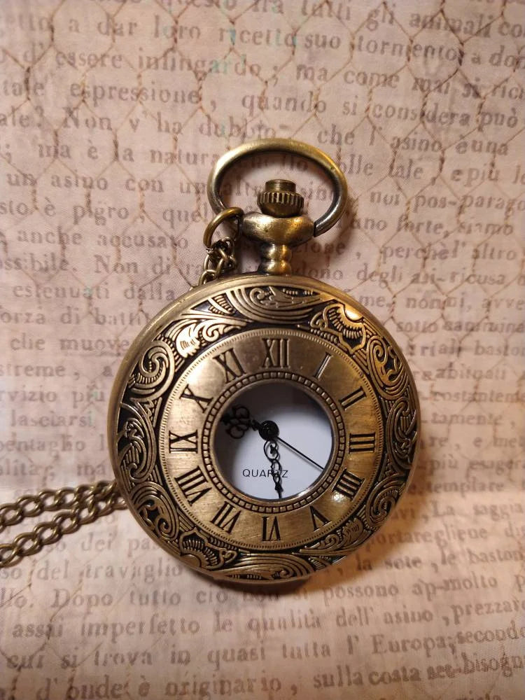 Working Roman Pocket Watch Necklace in Antique Bronze