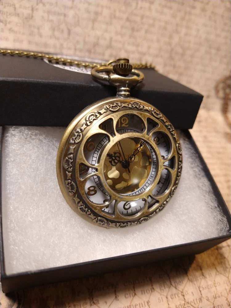 Working Fancy Pocket Watch Necklace in Antique Bronze