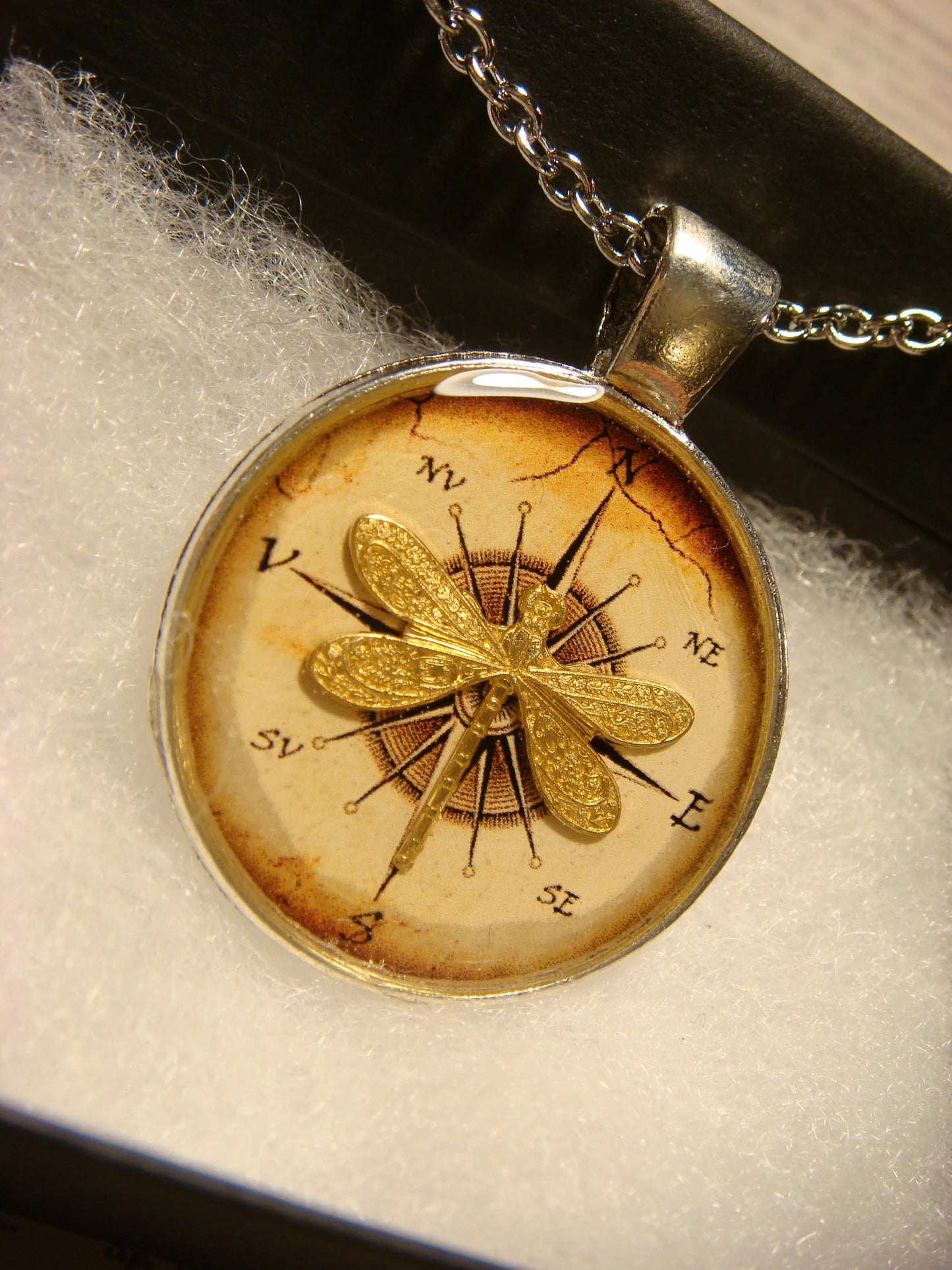 Dragonfly over Compass Pendant Necklace