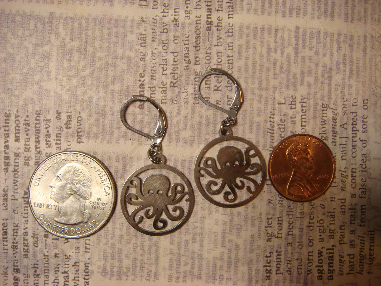 Octopus Dangle Earrings in Antique Silver