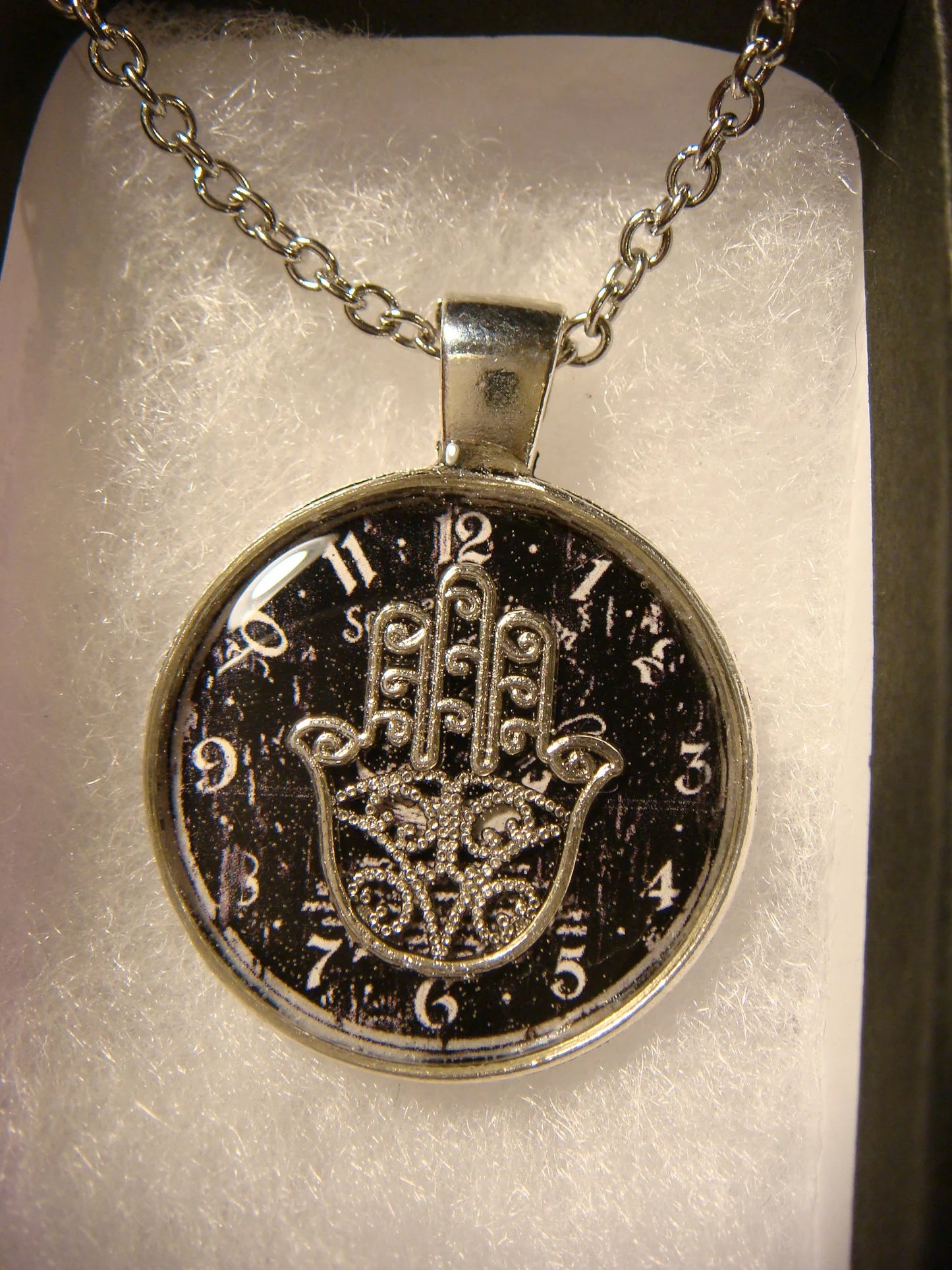 Hamsa over Clock Pendant Necklace