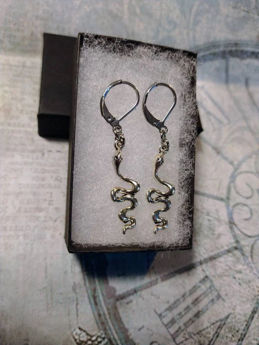 Snake Dangle Earrings in Antique Silver