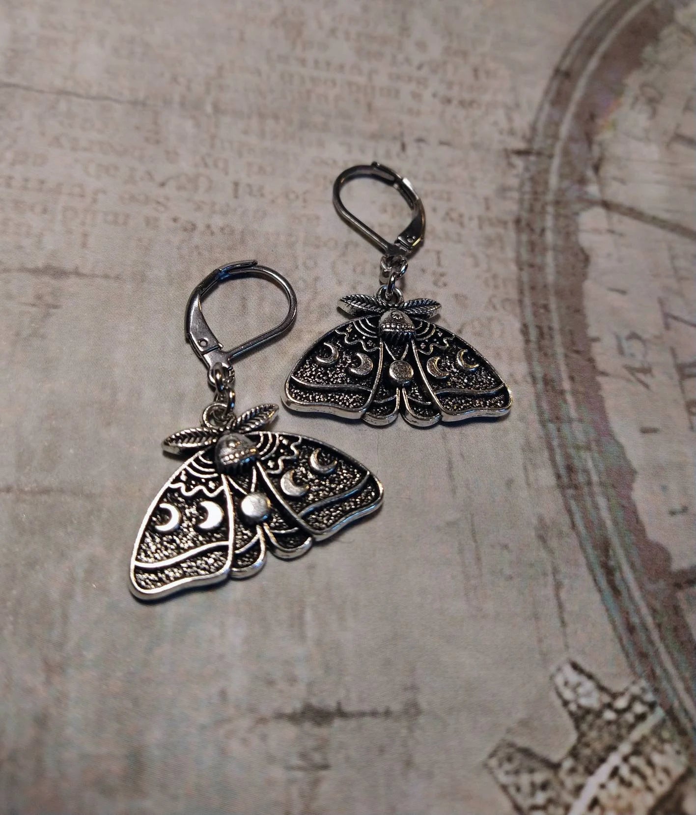 Lunar Moth Dangle Earrings in Antique Silver